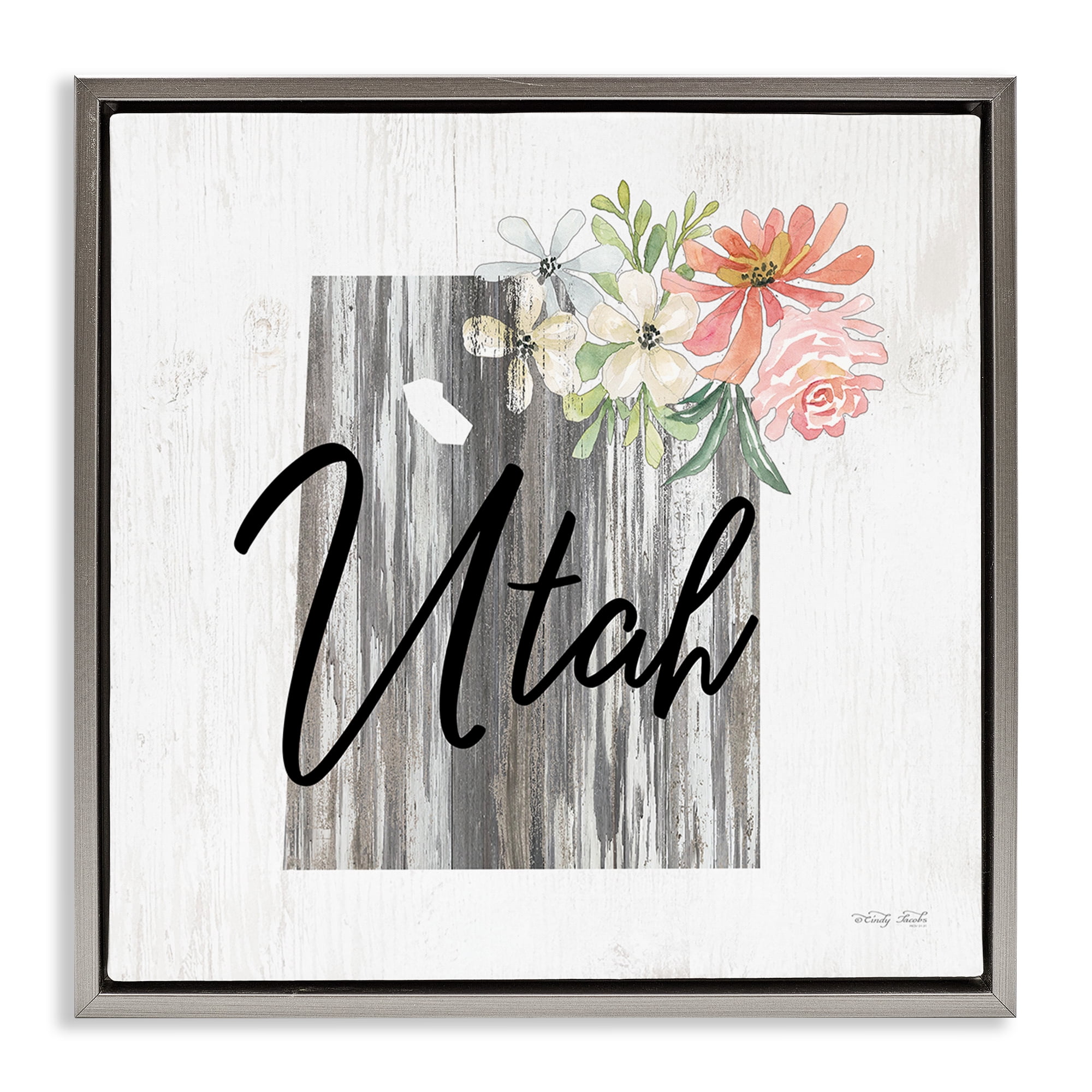 Stupell Industries Shabby Chic Utah Botanical & Floral Painting Gray Floater Framed Canvas Art Print Wall Art, 18 x 18