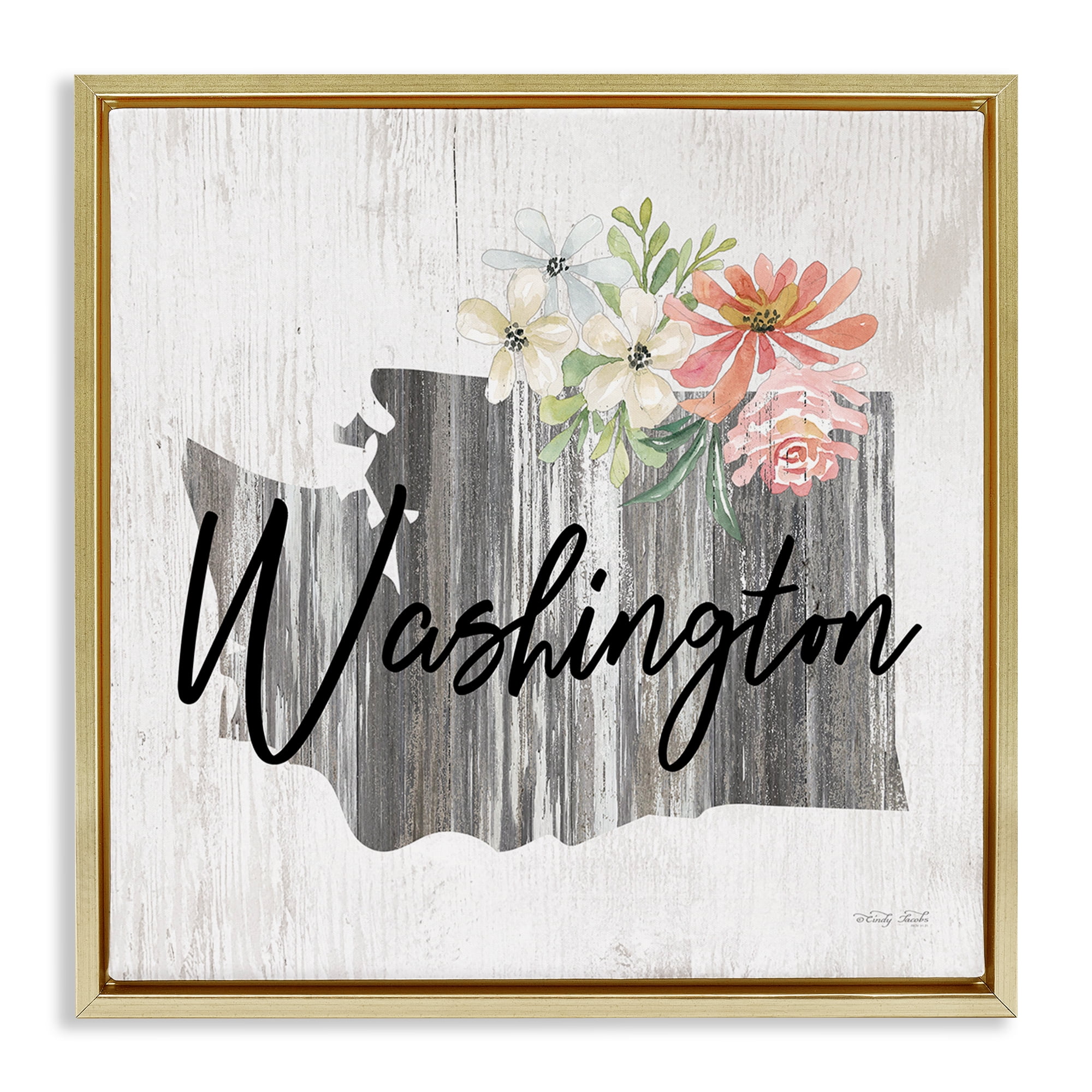 Stupell Industries Shabby Chic Washington Botanical & Floral Painting Gold Floater Framed Canvas Art Print Wall Art, 25 x 25