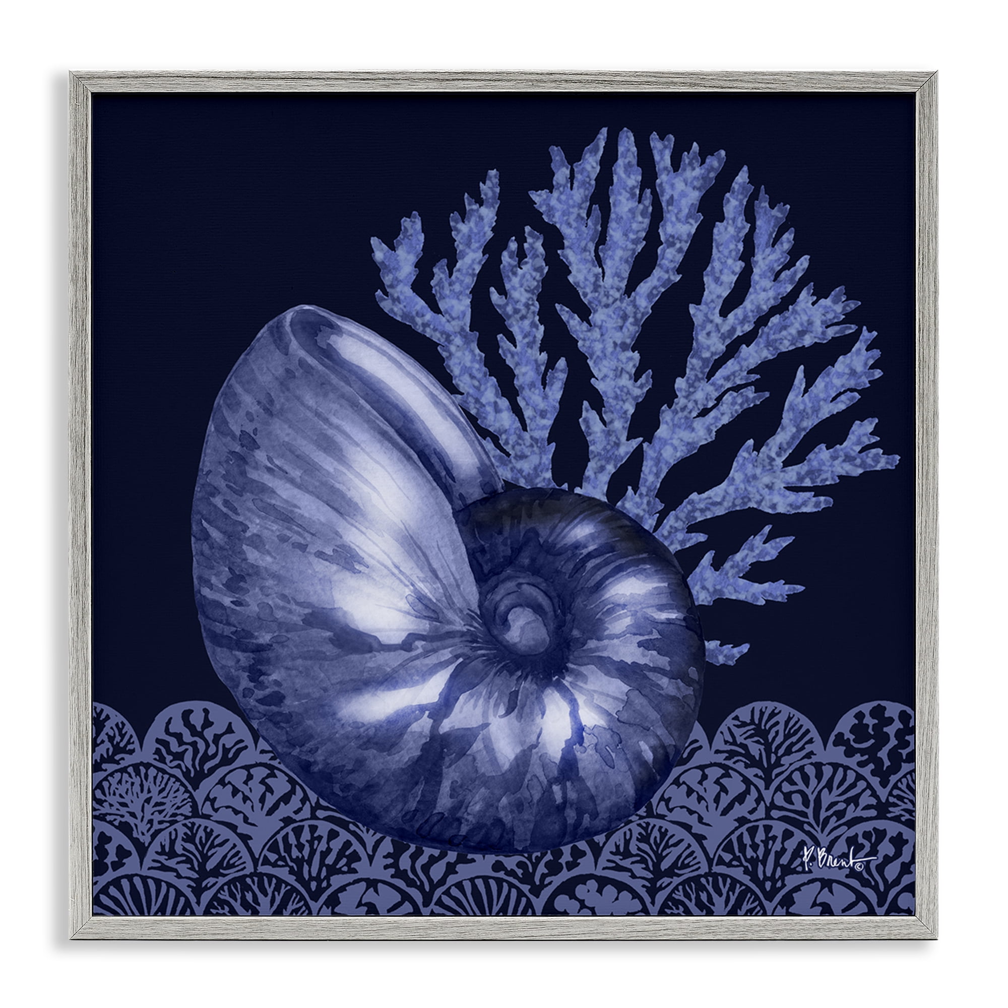 Stupell Industries Shadow Nautilus Shell Nautical & Beach Painting Gray Framed Art Print Wall Art, 24 x 24