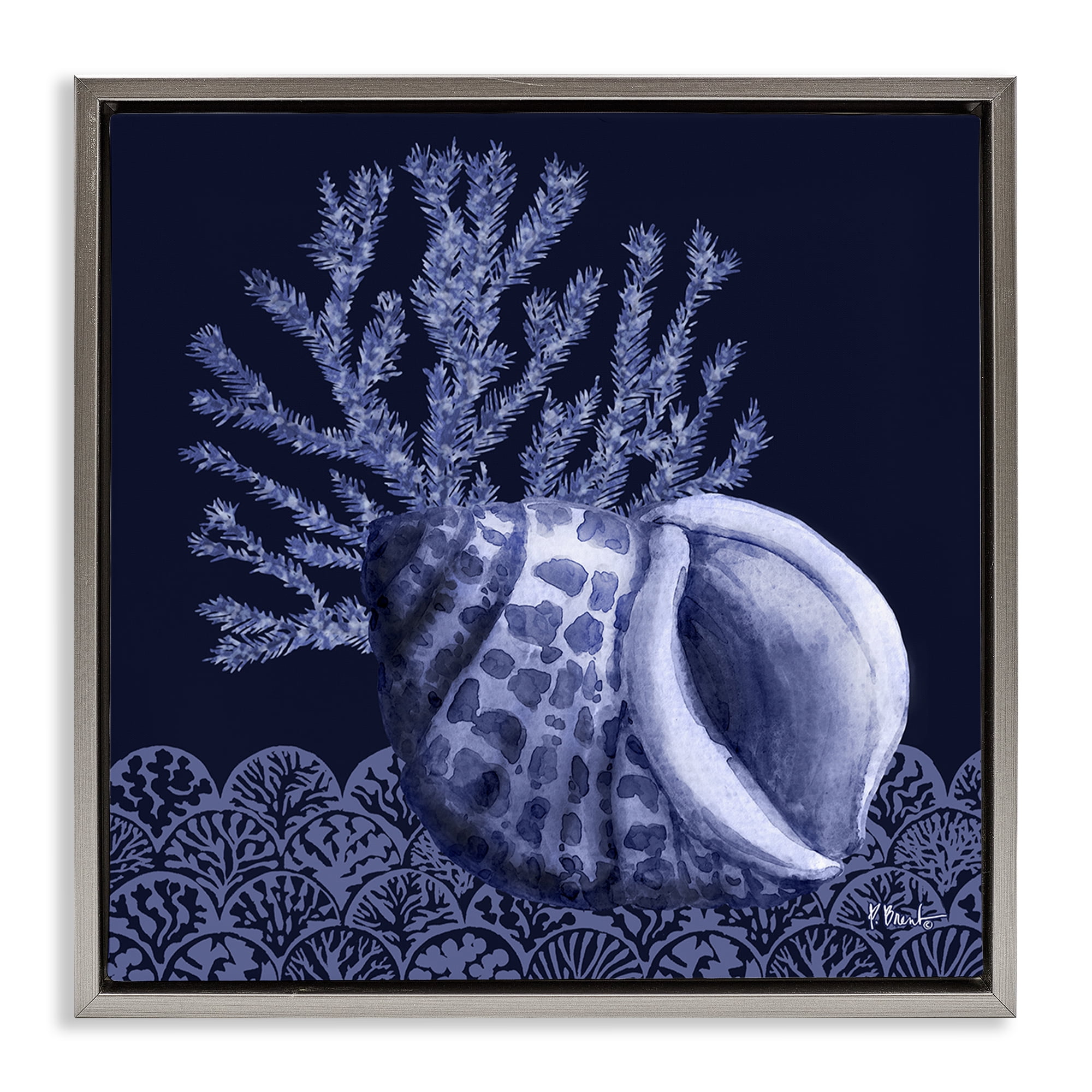 Stupell Industries Shadow Shell Patterned Nautical & Beach Painting Gray Floater Framed Canvas Art Print Wall Art, 18 x 18