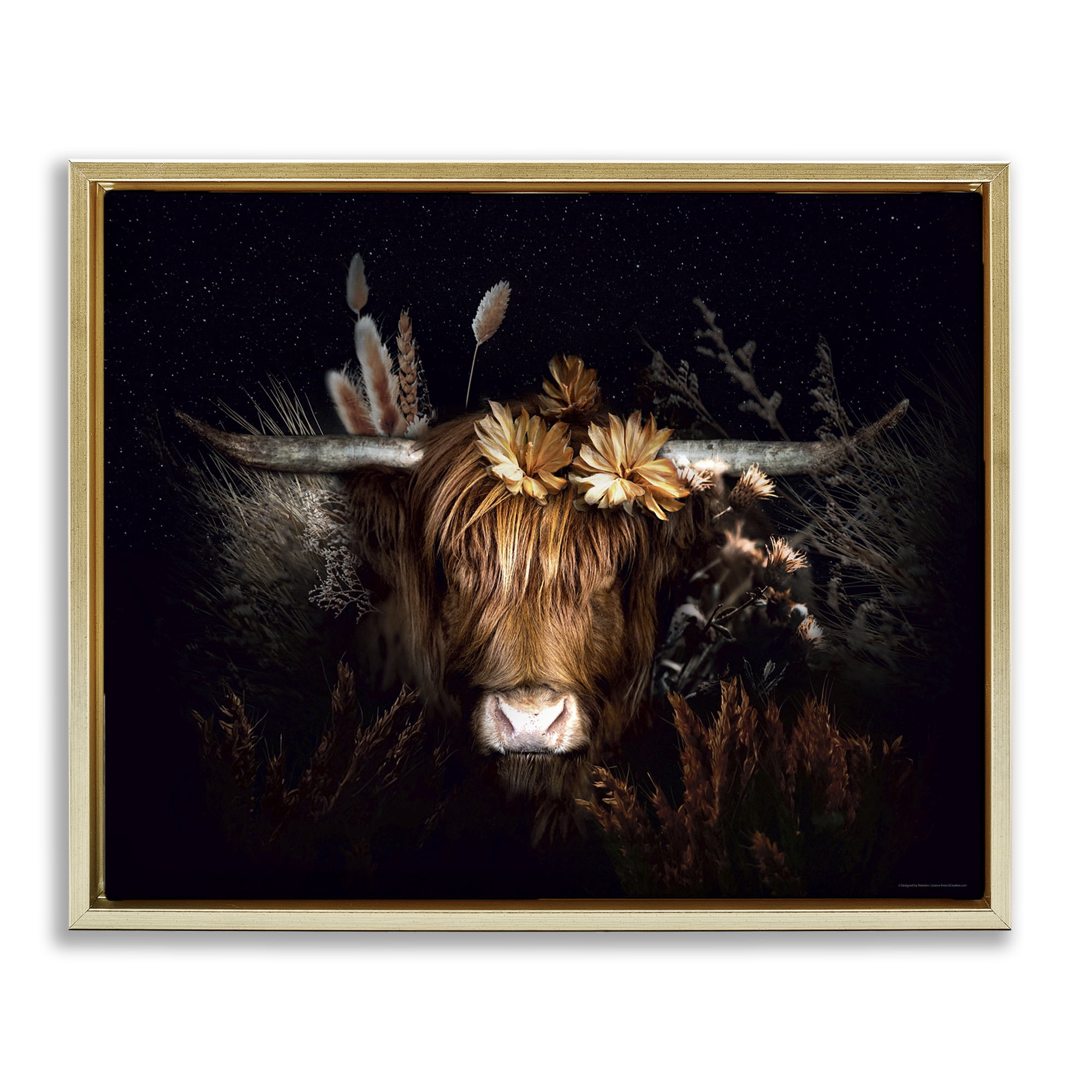 Stupell Industries Shadowed Cattle & Botanicals Animals Painting Gold Floater Framed Canvas Art Print Wall Art, 31 x 25