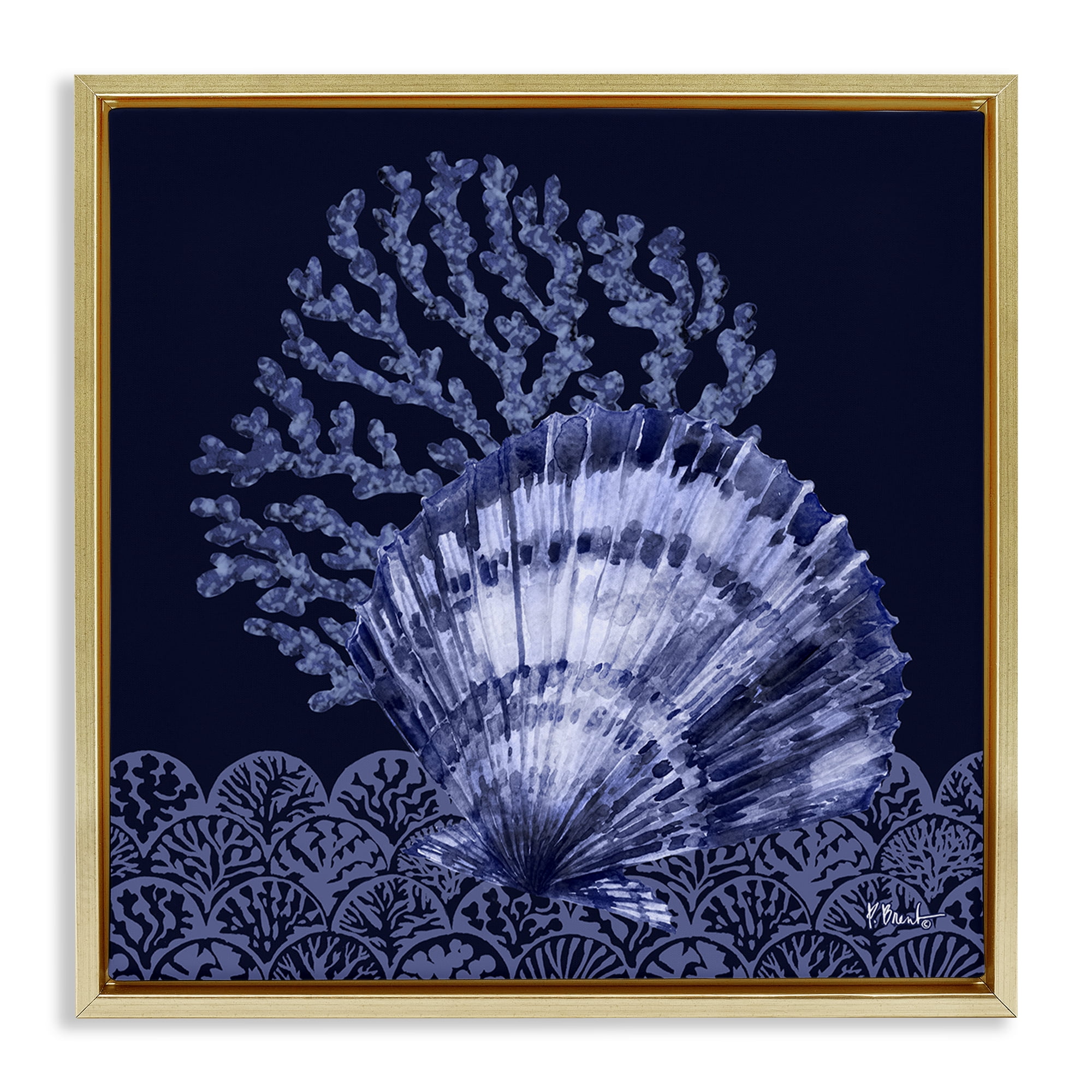 Stupell Industries Shadowed Clam Still Life Nautical & Beach Painting Gold Floater Framed Canvas Art Print Wall Art, 18 x 18