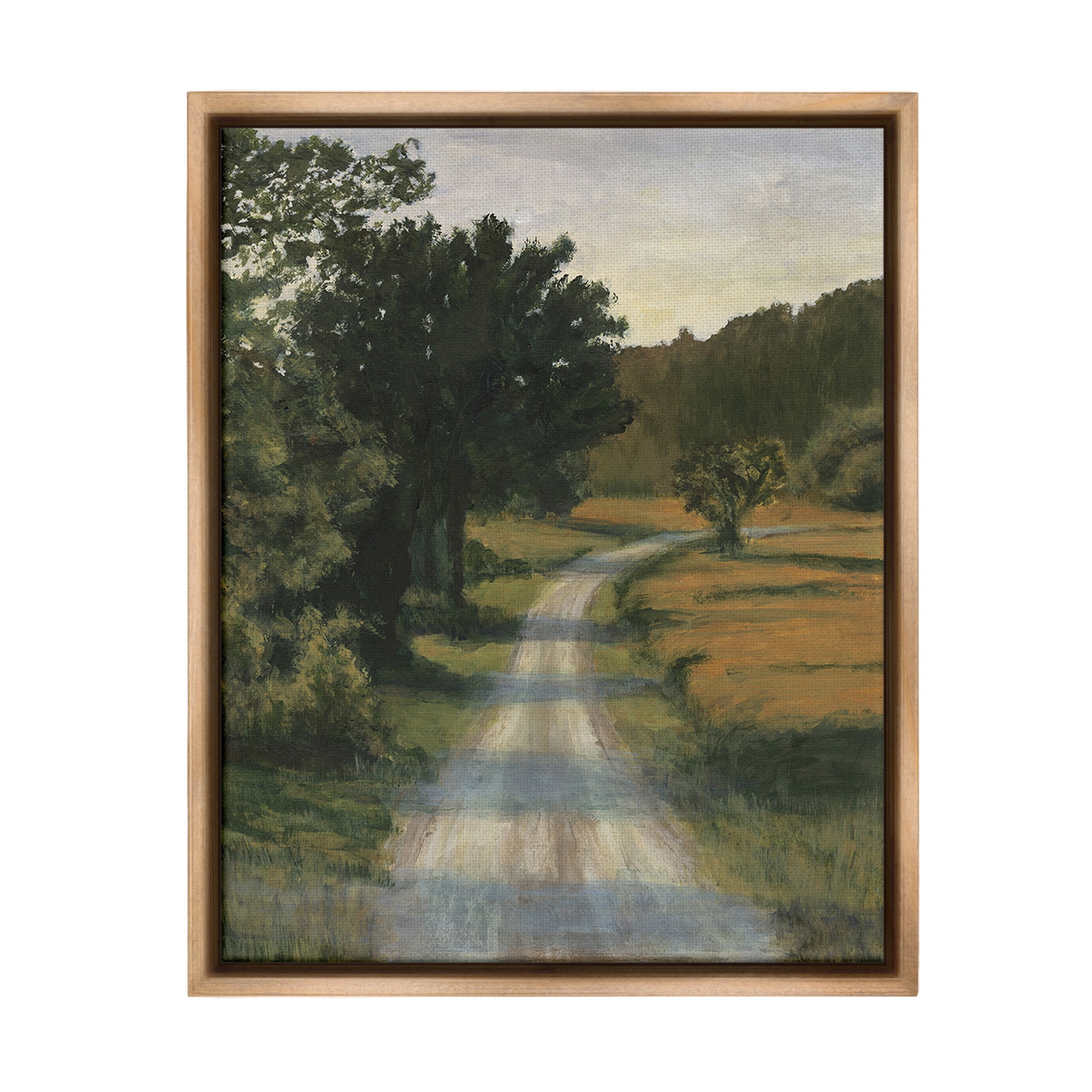 Stupell Industries Shadowed Rural Path Landscape Painting Brown Floater Framed Canvas Art Print Wall Art, 25 x 31