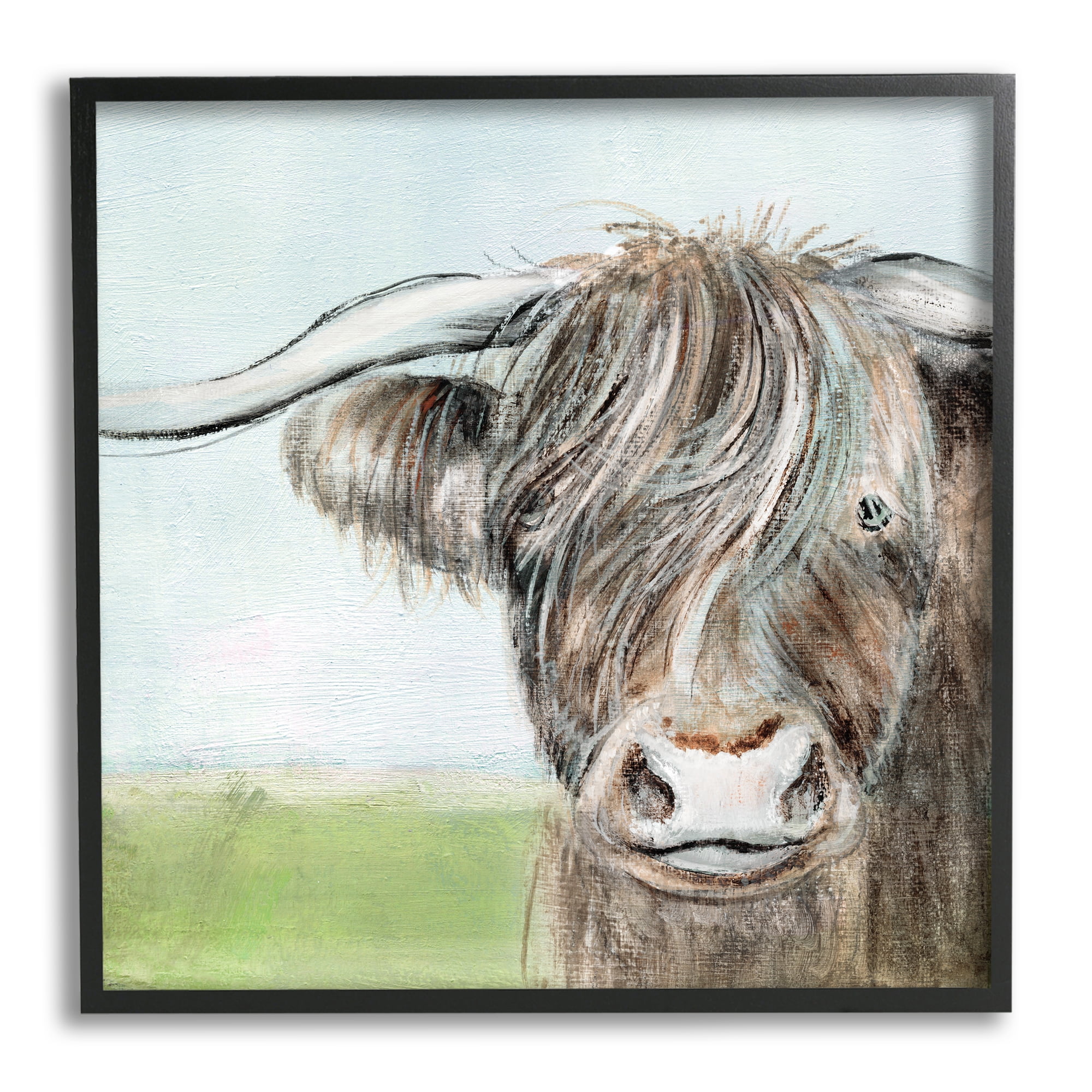 Stupell Industries Shaggy Cattle Brown Country Animal Blue Sky Animals & Insects Painting Black Framed Art Print Wall Art, 24 x 24