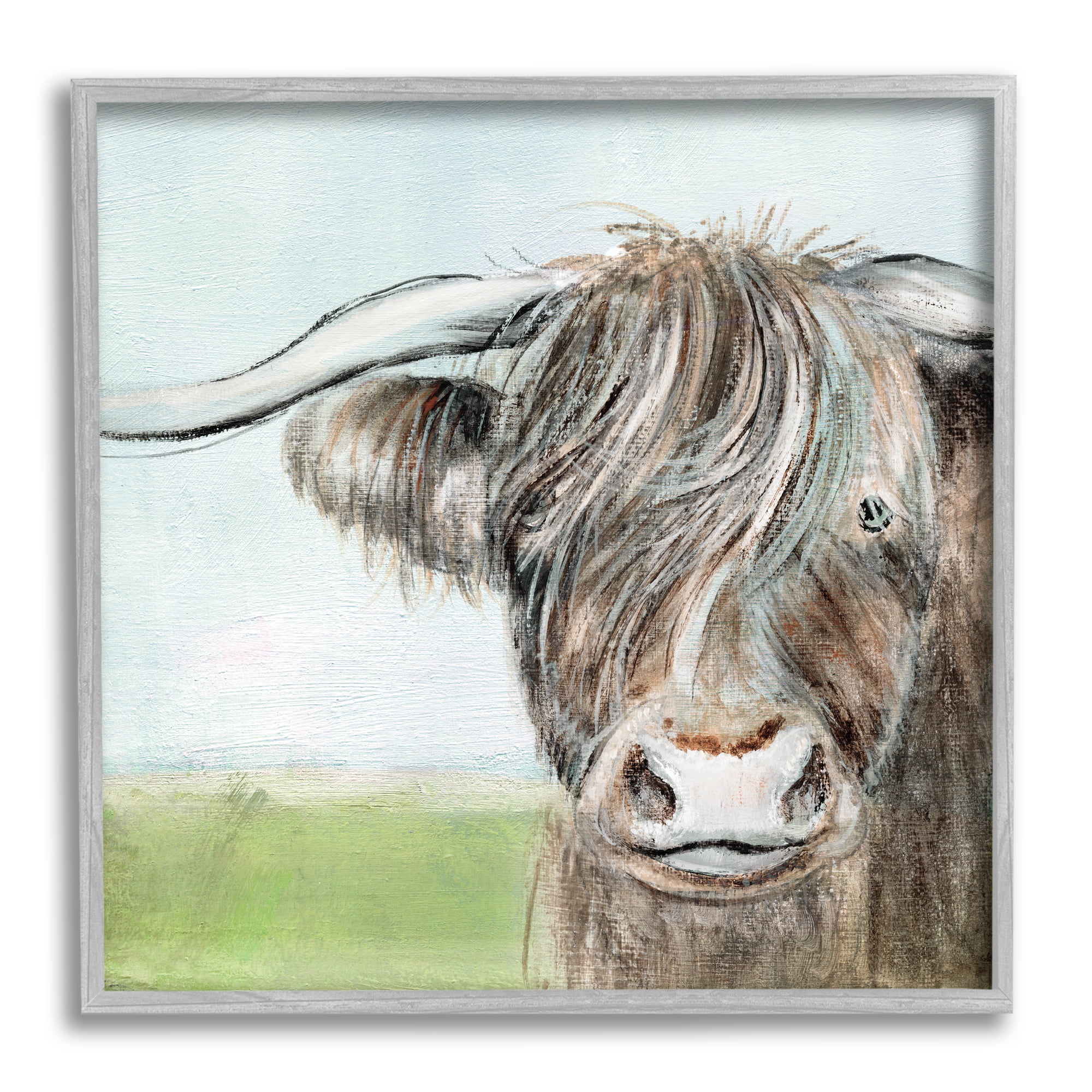 Stupell Industries Shaggy Cattle Brown Country Animal Blue Sky Animals & Insects Painting Gray Framed Art Print Wall Art, 12 x 12