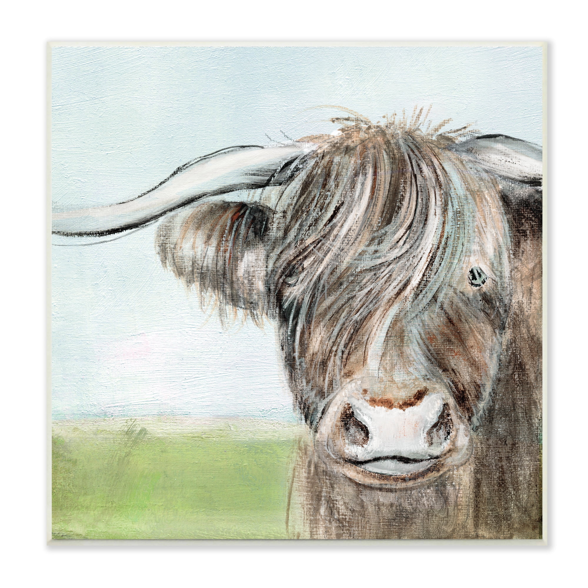 Stupell Industries Shaggy Cattle Brown Country Animal Blue Sky Animals & Insects Painting Unframed Art Print Wall Art, 12 x 12