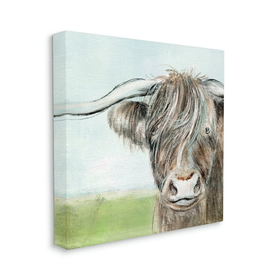 Stupell Industries Shaggy Cattle Brown Country Animal Blue Sky Paintings Gallery-Wrapped Canvas Print Wall Art, 24x24, by Janet Tava