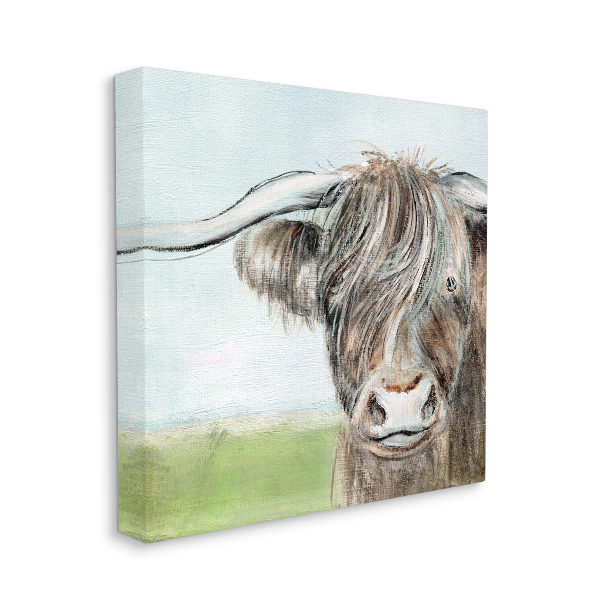 Stupell Industries Shaggy Cattle Brown Country Animal Blue Sky Paintings Gallery-Wrapped Canvas Print Wall Art, 30x30, by Janet Tava