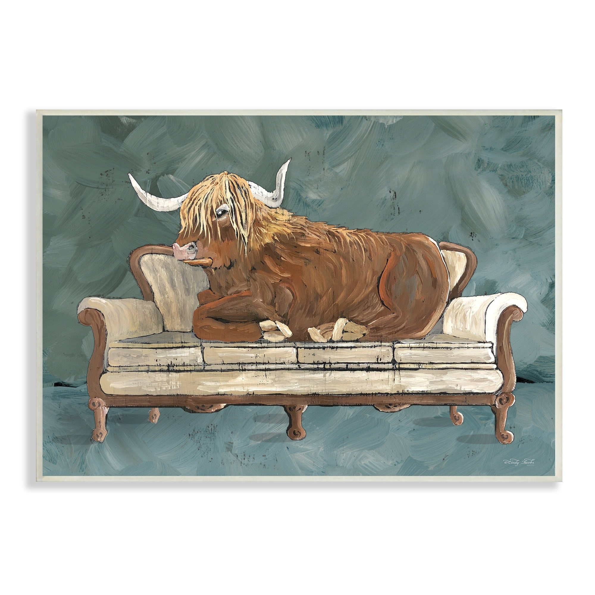 Stupell Industries Shaggy Cattle Resting Living Room Couch Green Gray, 19 x 13, Design by Cindy Jacobs