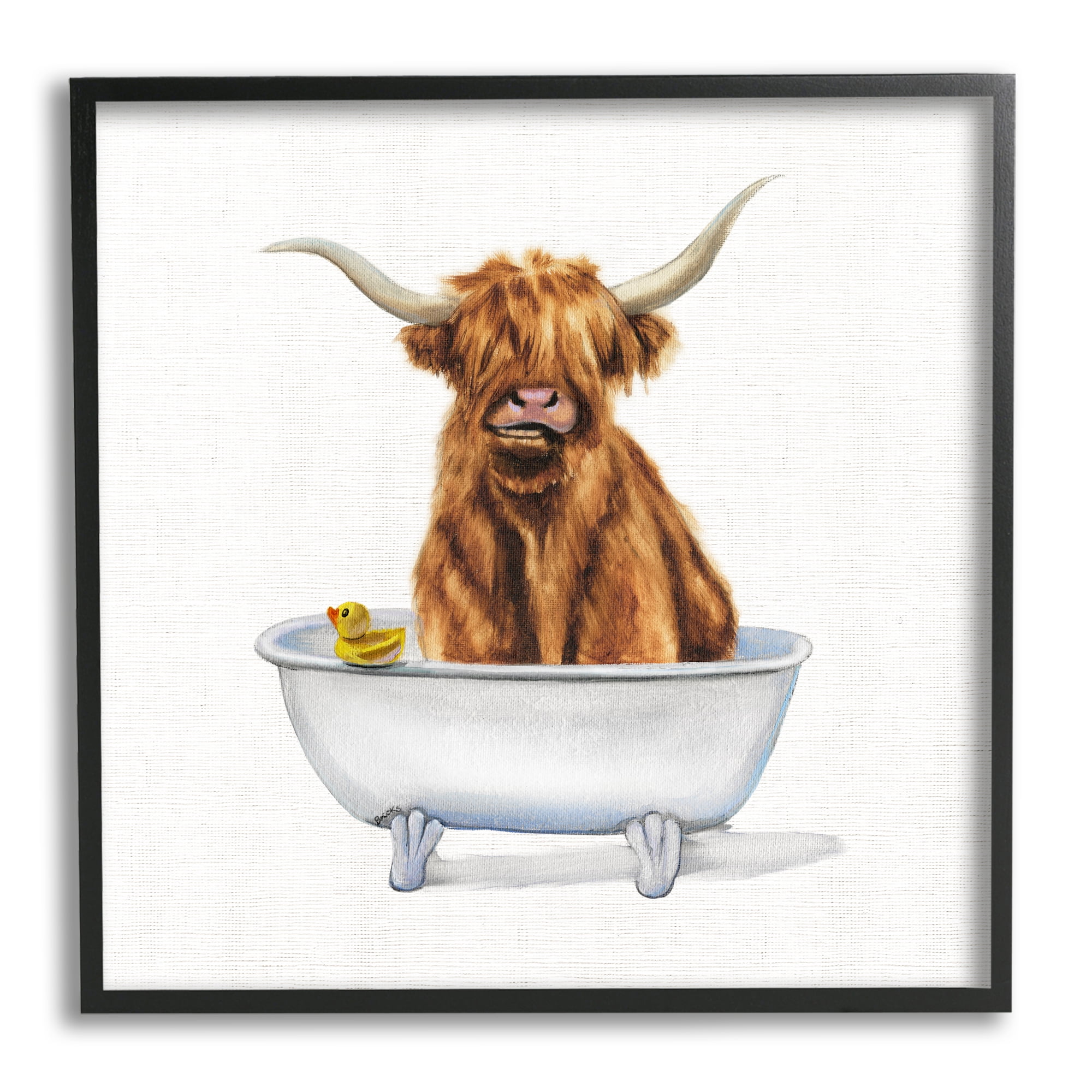Shaggy Country Cattle in Bathtub with Rubber Duck Framed Canvas Art