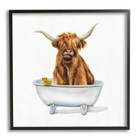 Stupell Industries Shaggy Country Cattle in Bathtub Rubber Duck Animals & Insects Painting Black Framed Art Print Wall Art, 12 x 12