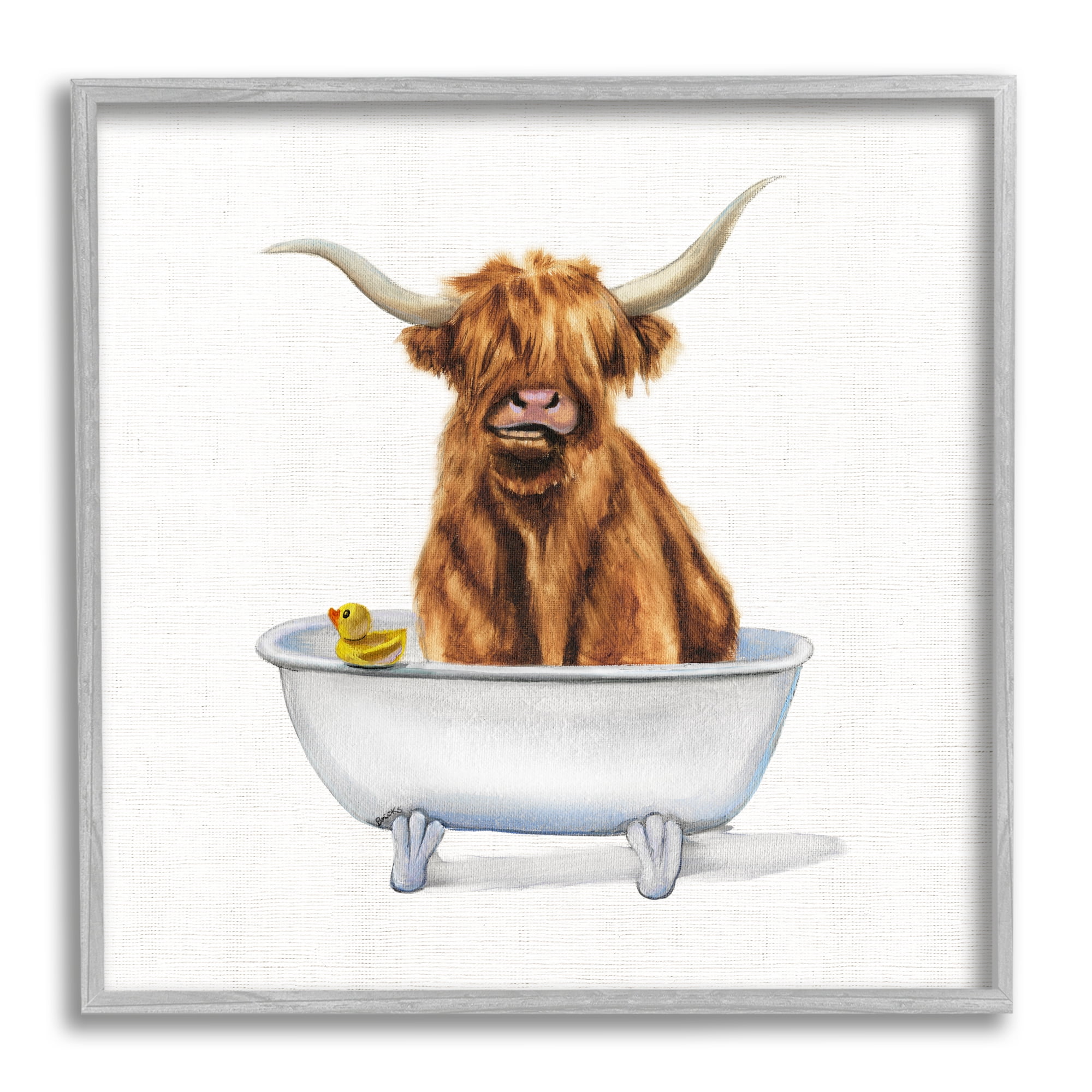 Stupell Industries Shaggy Country Cattle in Bathtub Rubber Duck Animals & Insects Painting Gray Framed Art Print Wall Art, 24 x 24