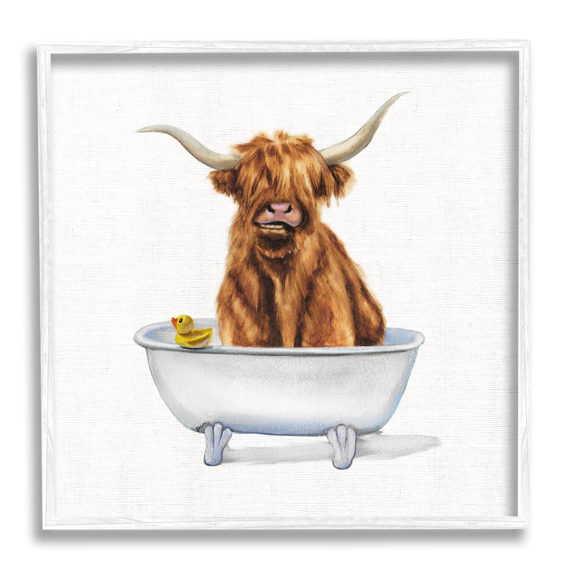 Stupell Industries Shaggy Country Cattle in Bathtub Rubber Duck Animals & Insects Painting White Framed Art Print Wall Art, 12 x 12