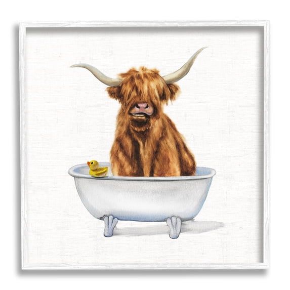 Stupell Industries Shaggy Country Cattle in Bathtub Rubber Duck Animals & Insects Painting White Framed Art Print Wall Art, 24 x 24