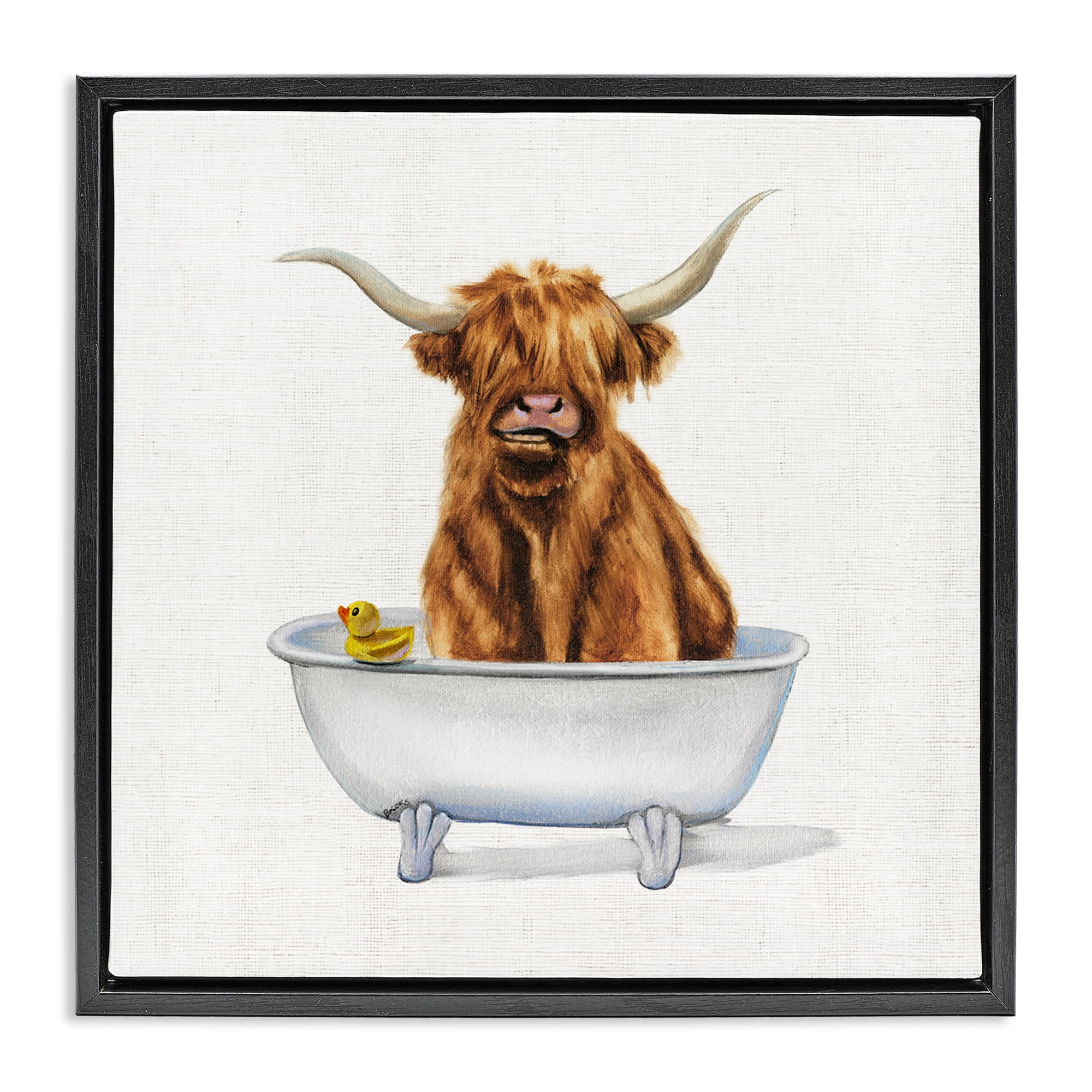 Stupell Industries Shaggy Country Cattle in Tub Animals & Insects Painting Black Floater Framed Canvas Art Print Wall Art, 25 x 25