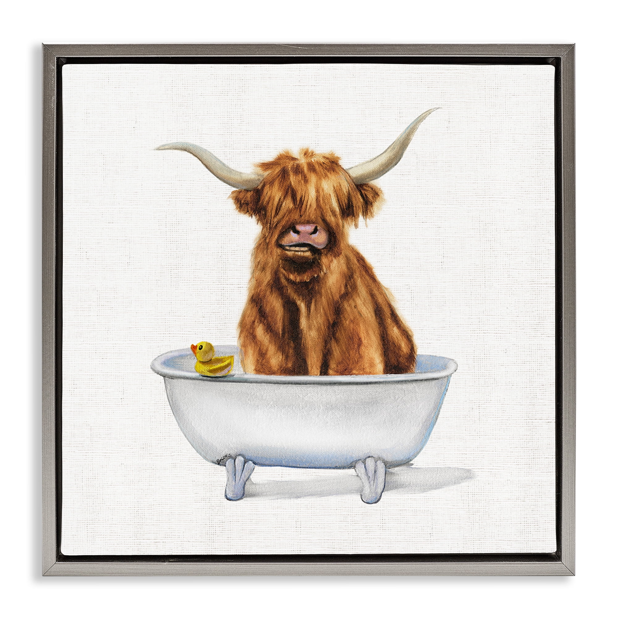 Stupell Industries Shaggy Country Cattle in Tub Animals & Insects Painting Gray Floater Framed Canvas Art Print Wall Art, 25 x 25