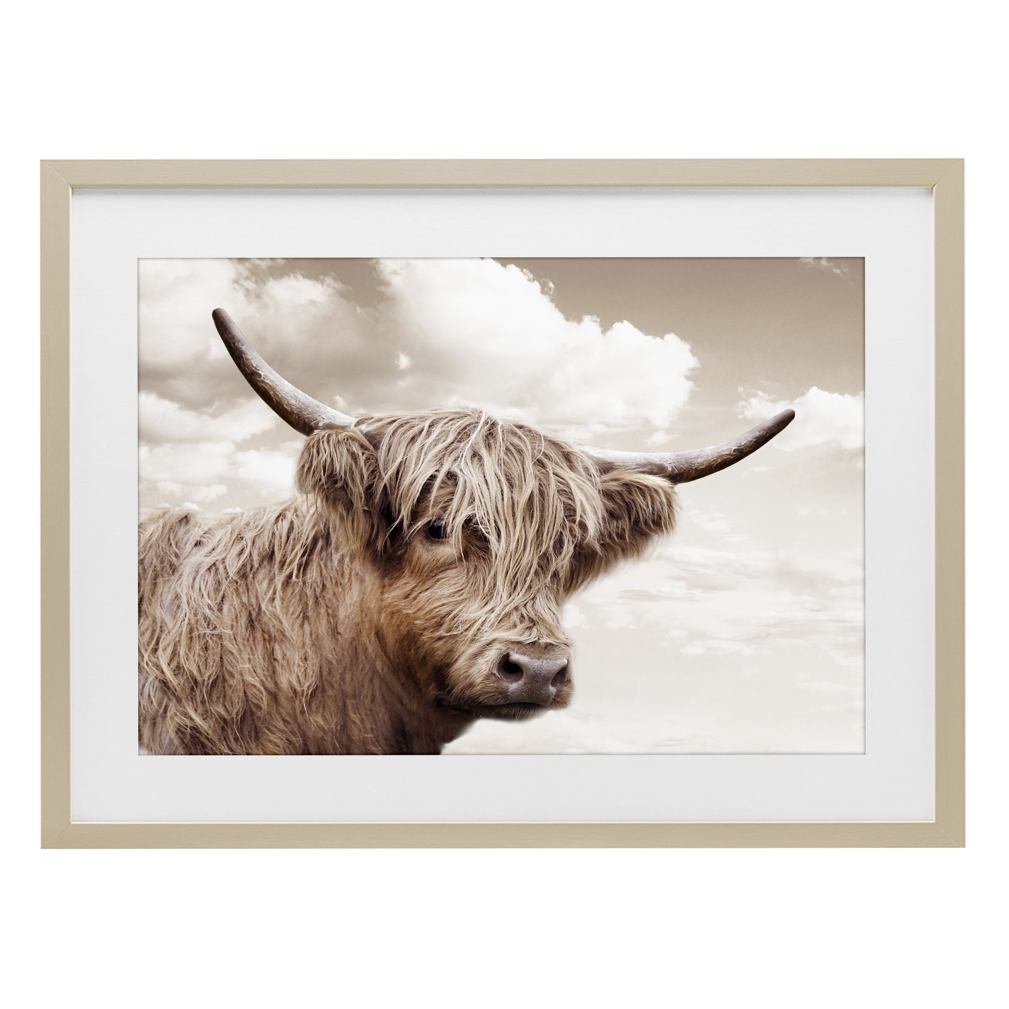 Stupell Industries Shaggy Highland Cow & Clouds Birch Framed Print Under Glass, design by CAD Designs