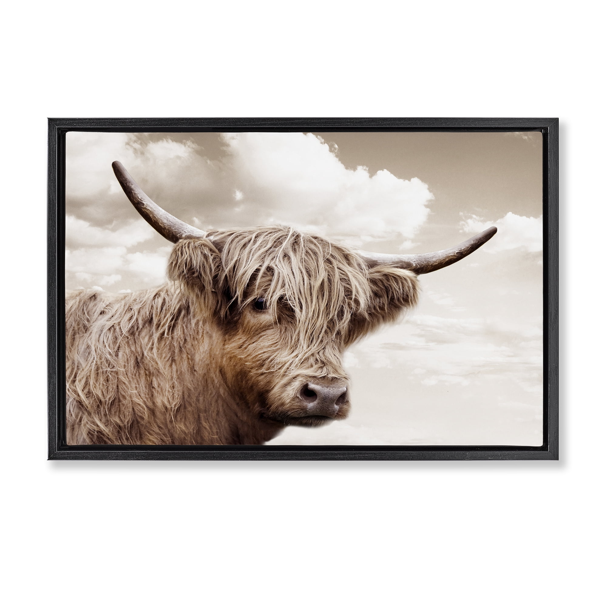 Stupell Industries Shaggy Highland Cow & Clouds Black Framed Floater Canvas Wall Art, design by CAD Designs
