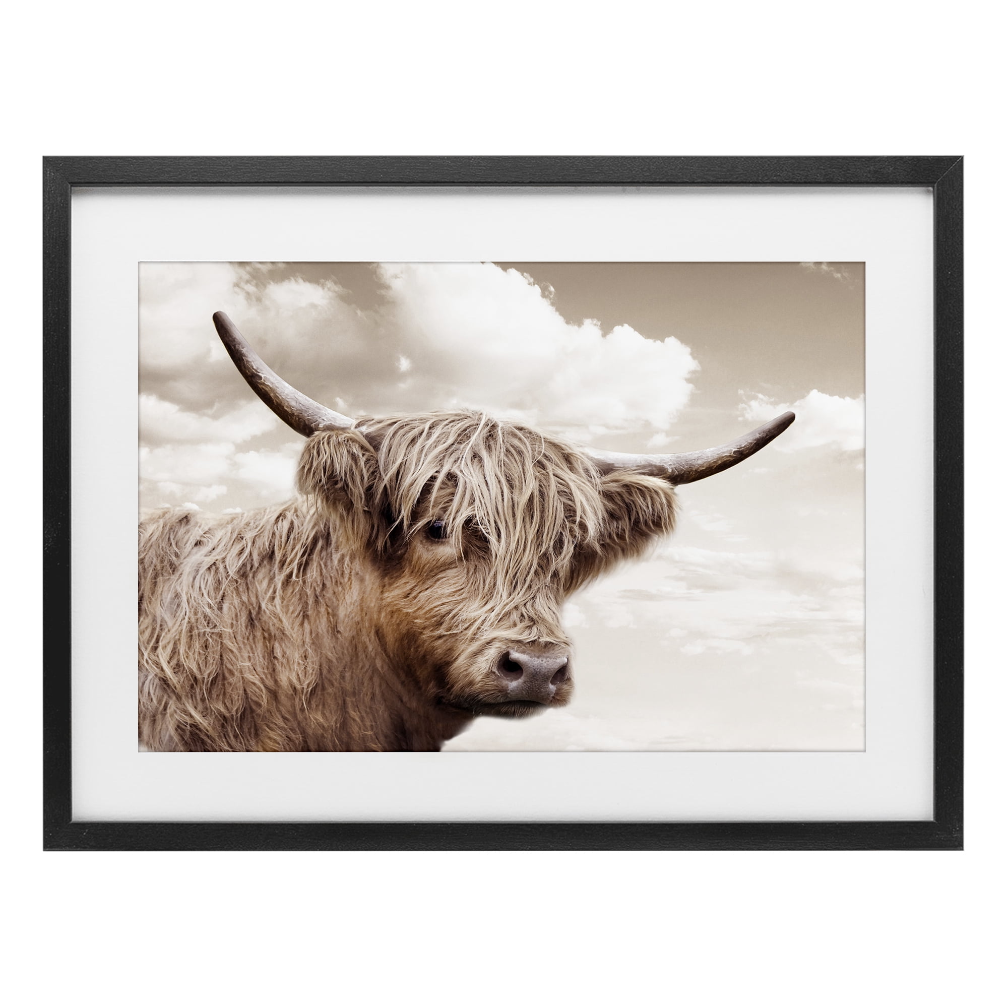 Stupell Industries Shaggy Highland Cow & Clouds Black Framed Print Under Glass, design by CAD Designs
