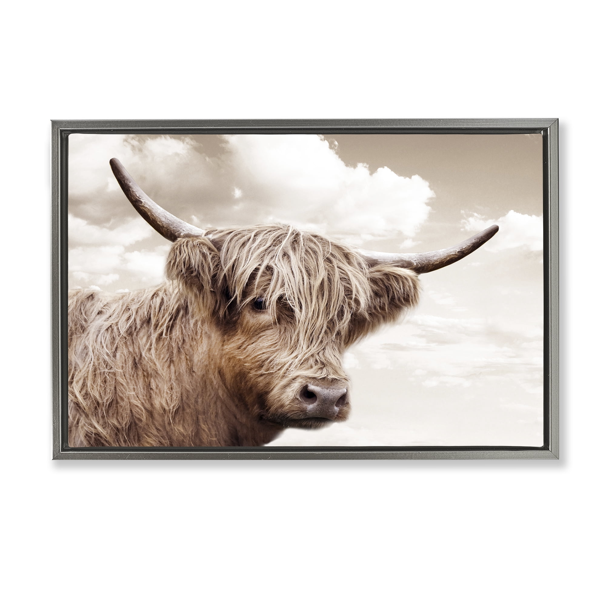 Stupell Industries Shaggy Highland Cow & Clouds Gray Framed Floater Canvas Wall Art, design by CAD Designs