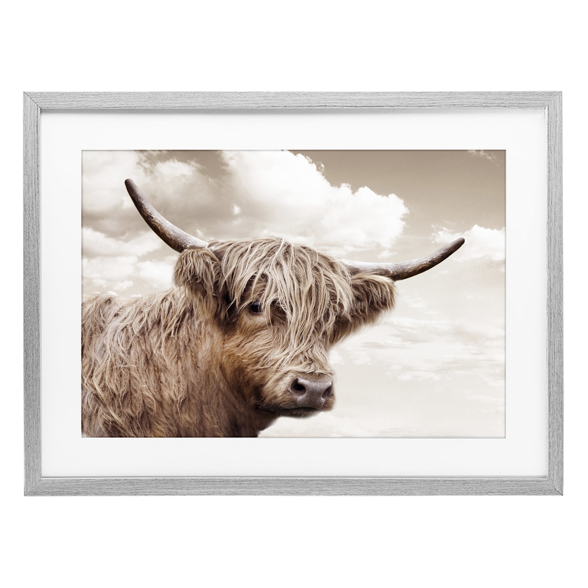 Stupell Industries Shaggy Highland Cow & Clouds Gray Framed Print Under Glass, design by CAD Designs