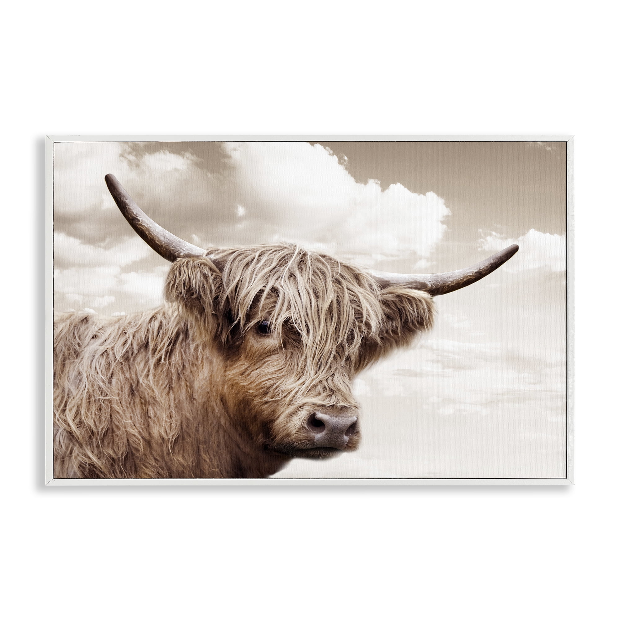 Stupell Industries Shaggy Highland Cow & Clouds White Framed Giclee Art, design by CAD Designs