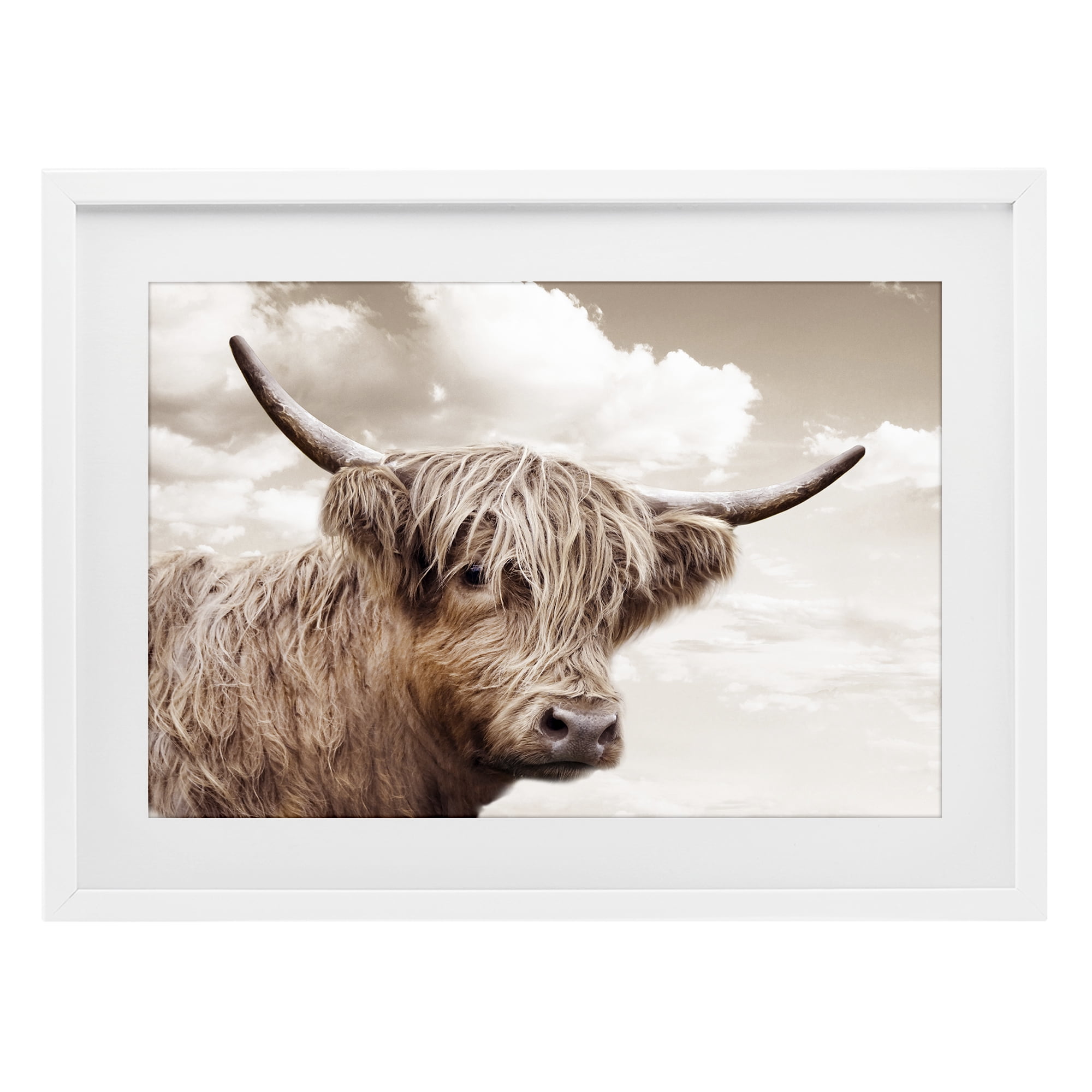 Stupell Industries Shaggy Highland Cow & Clouds White Framed Print Under Glass, design by CAD Designs