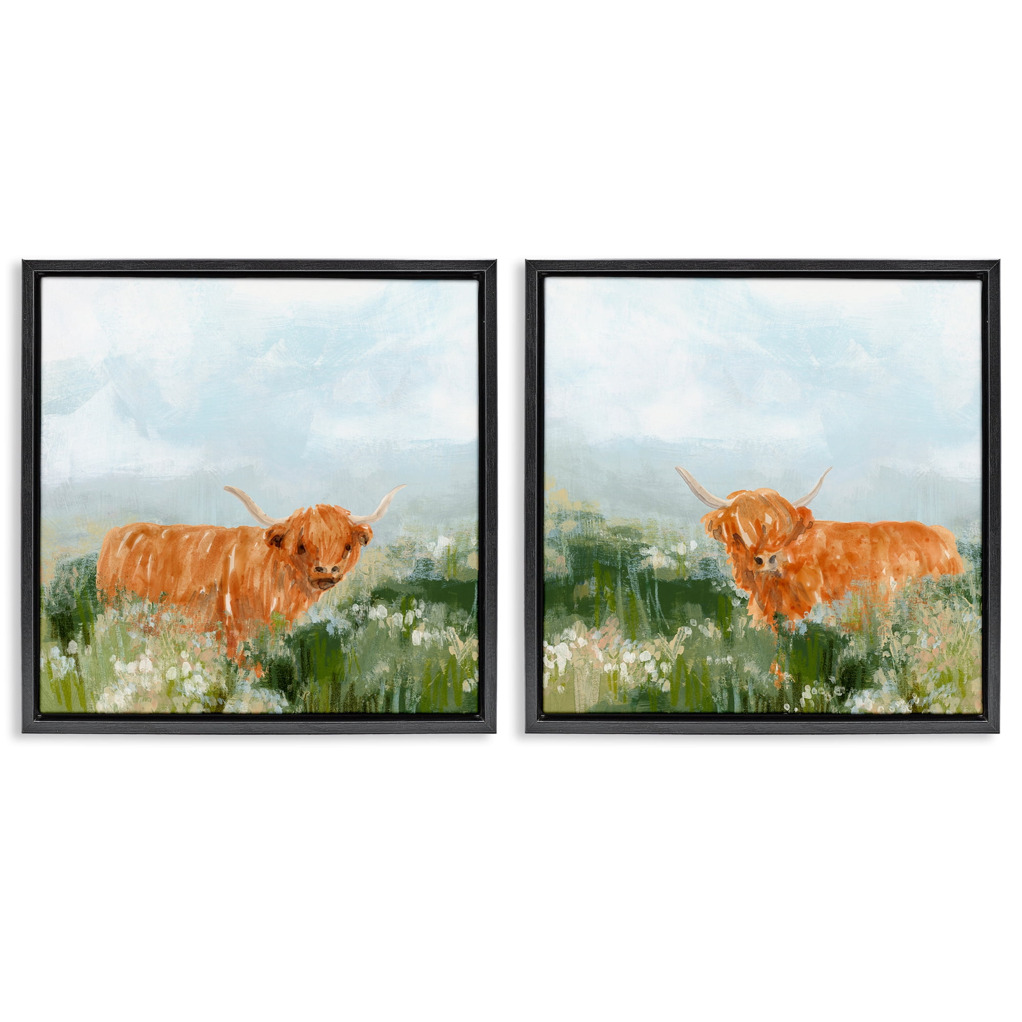 Stupell Industries Shaggy Highland Cow in Field Animals Painting Black Floater Framed Canvas Art Print Wall Art, 25 x 25, Set of 2