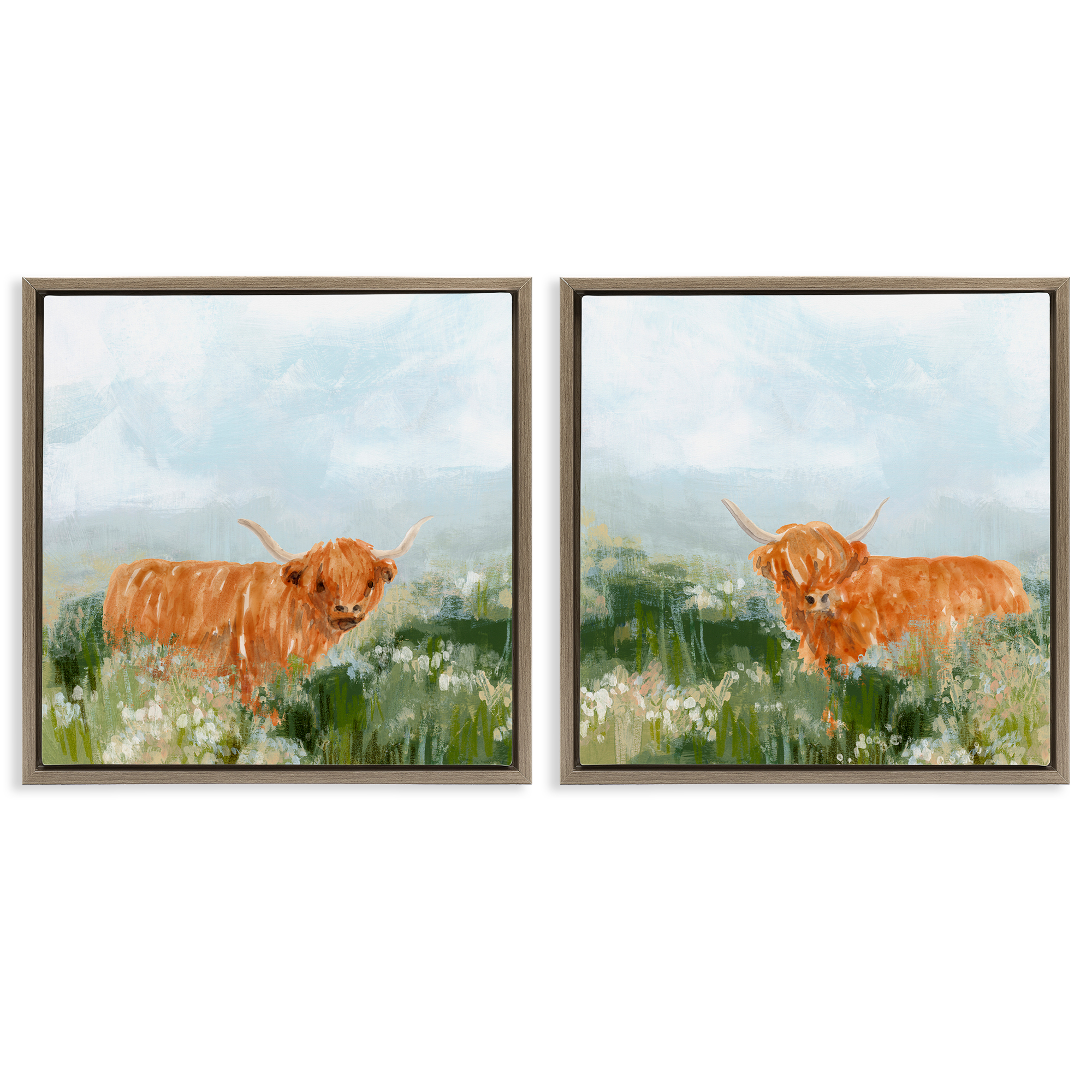 Stupell Industries Shaggy Highland Cow in Field Animals Painting Brown Floater Framed Canvas Art Print Wall Art, 18 x 18, Set of 2