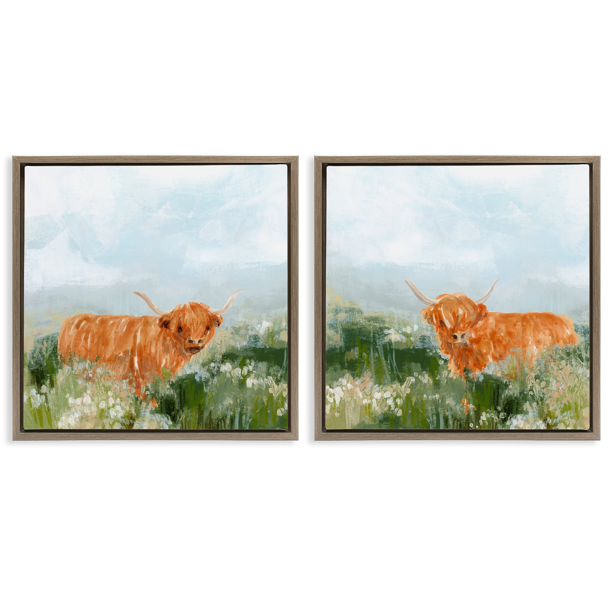 Stupell Industries Shaggy Highland Cow in Field Animals Painting Brown Floater Framed Canvas Art Print Wall Art, 25 x 25, Set of 2