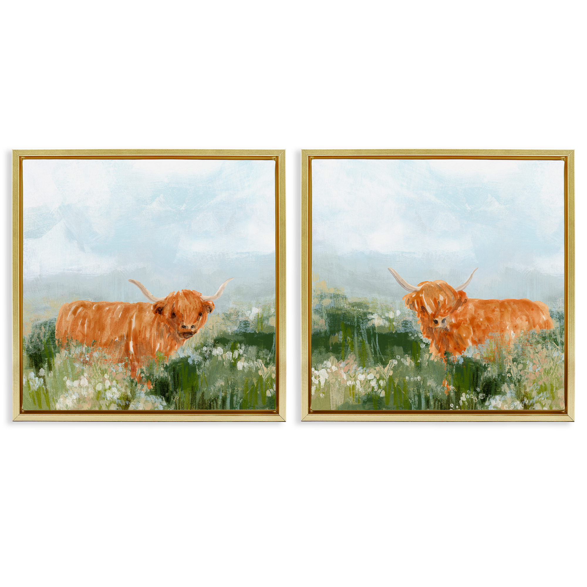 Stupell Industries Shaggy Highland Cow in Field Animals Painting Gold Floater Framed Canvas Art Print Wall Art, 18 x 18, Set of 2