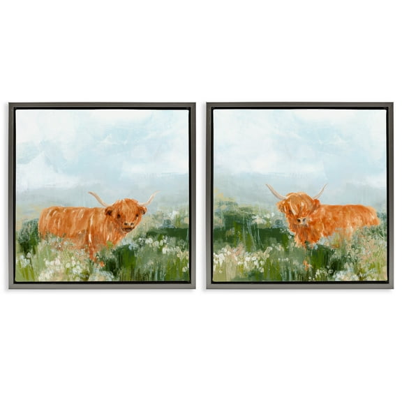 Stupell Industries Shaggy Highland Cow in Field Animals Painting Gray Floater Framed Canvas Art Print Wall Art, 18 x 18, Set of 2