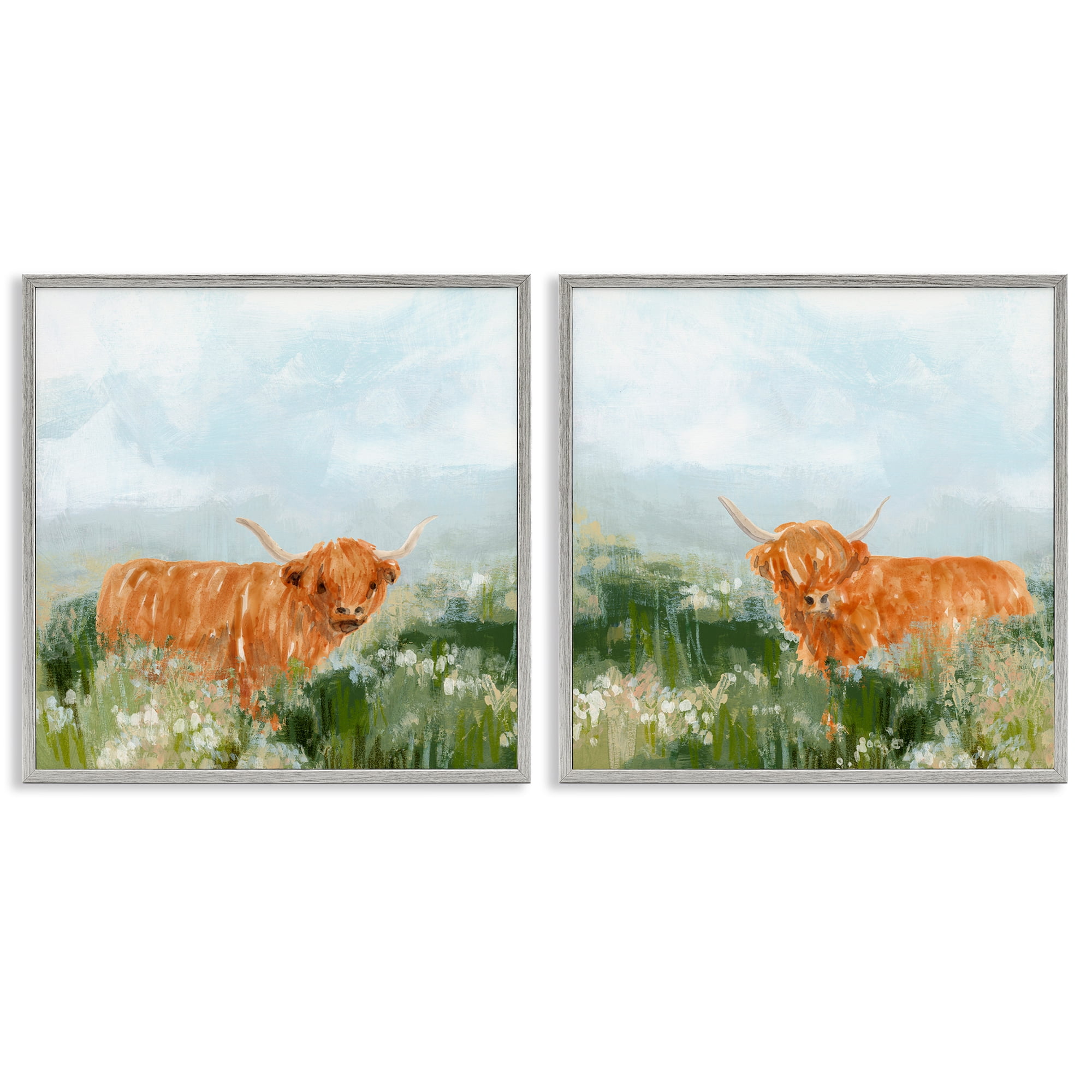 Stupell Industries Shaggy Highland Cow in Field Animals Painting Gray Framed Art Print Wall Art, 17 x 17, Set of 2