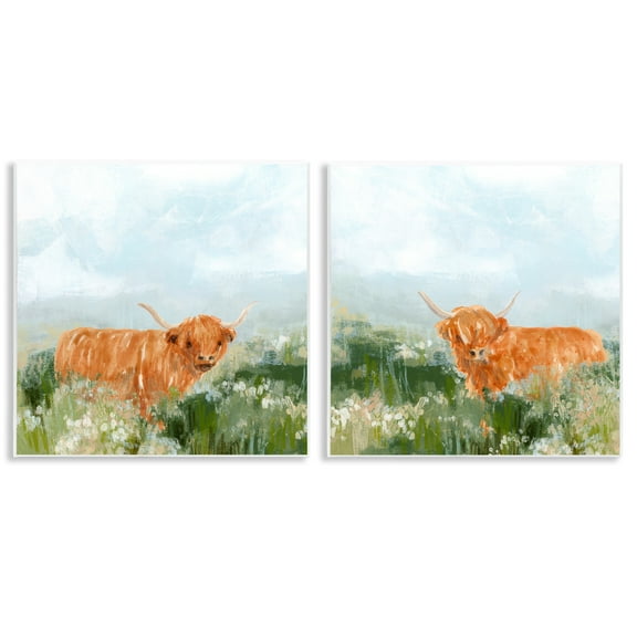 Stupell Industries Shaggy Highland Cow in Field Animals Painting Unframed Art Print Wall Art, 12 x 12, Set of 2