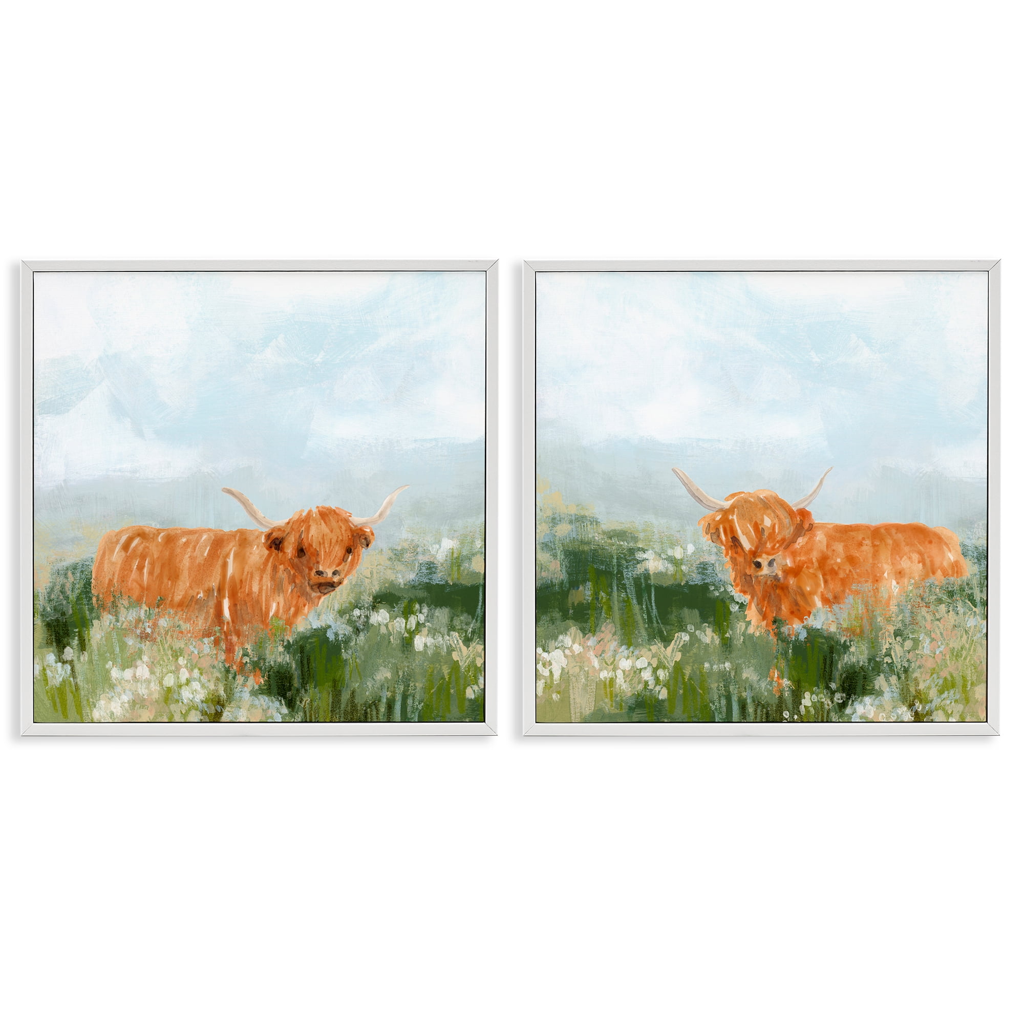 Stupell Industries Shaggy Highland Cow in Field Animals Painting White Framed Art Print Wall Art, 24 x 24, Set of 2