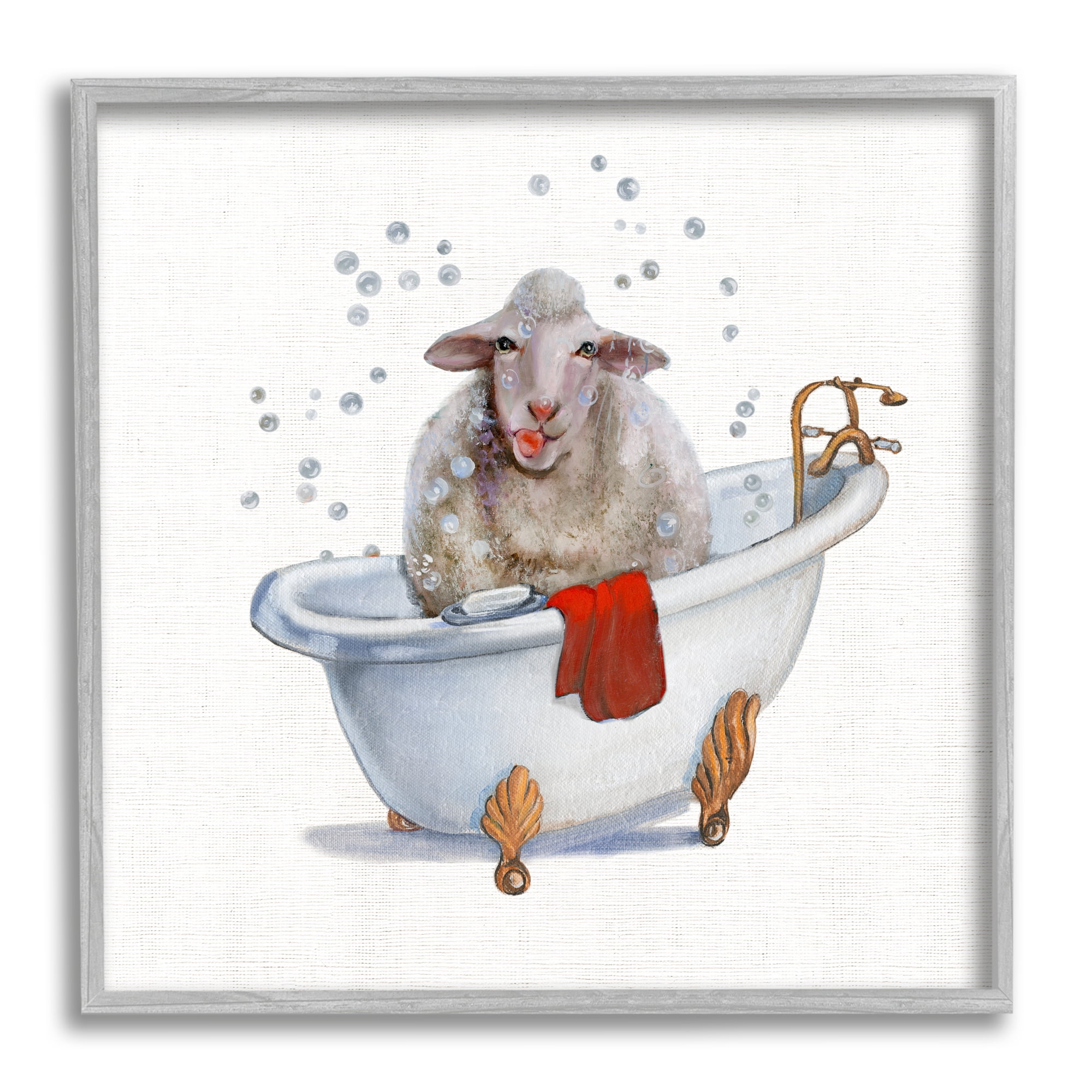 Stupell Industries Shaggy Sheep in Bubble Bath Playful Farm Animal Animals & Insects Painting Gray Framed Art Print Wall Art, 12 x 12