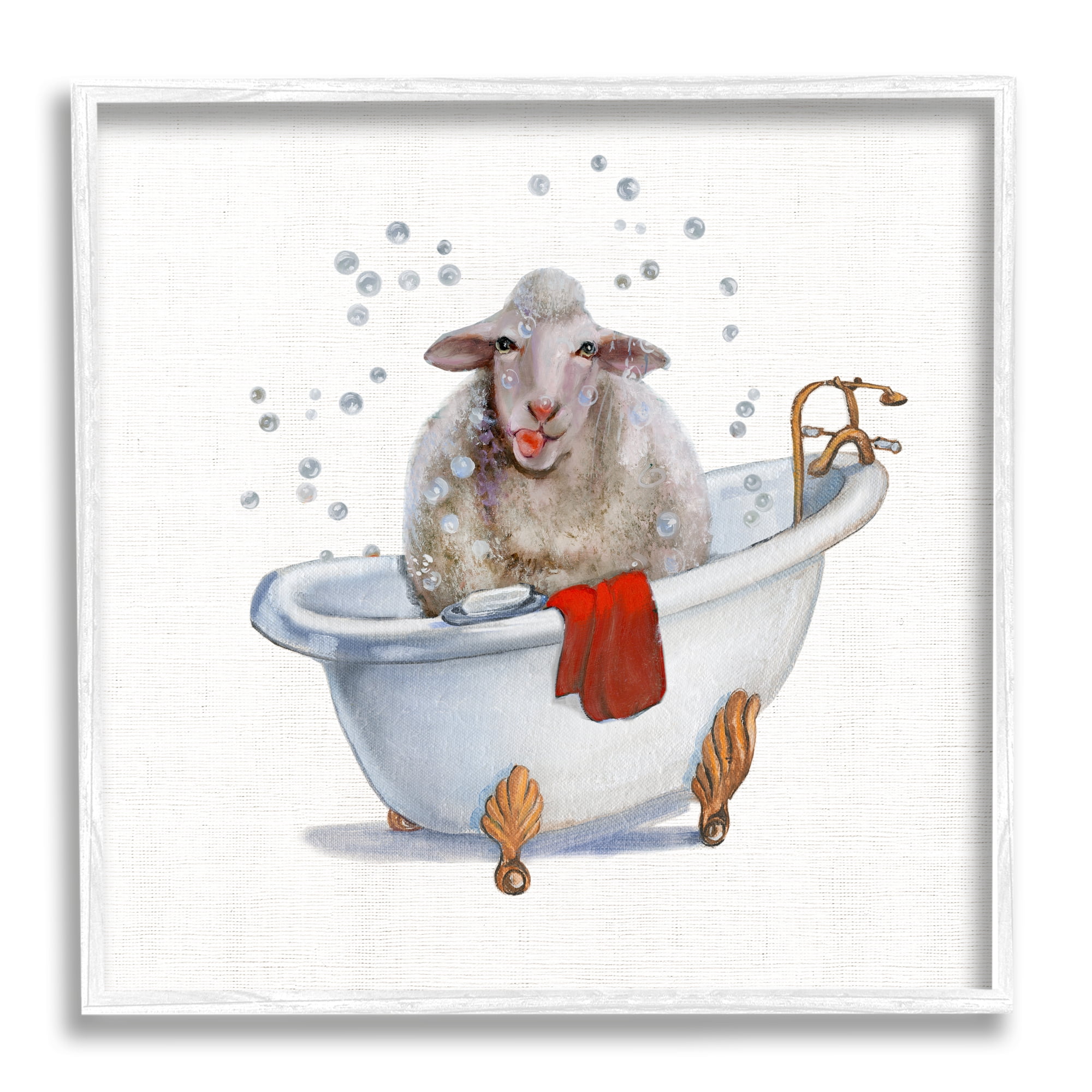 Stupell Industries Shaggy Sheep in Bubble Bath Playful Farm Animal Animals & Insects Painting White Framed Art Print Wall Art, 24 x 24