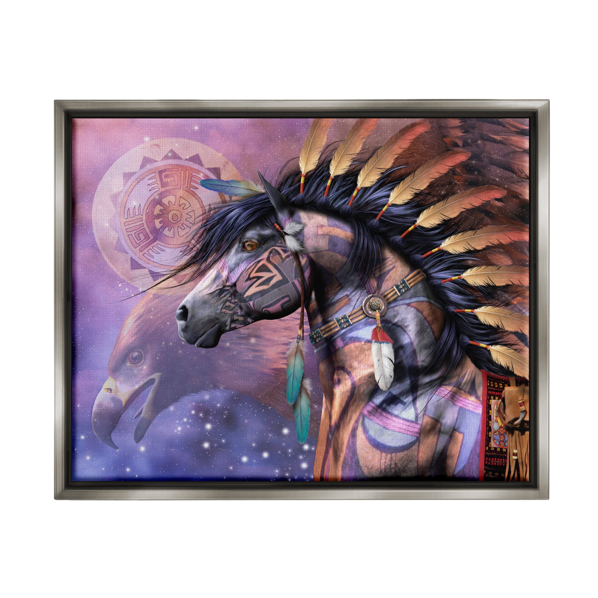 Stupell Industries Shaman Native Horse Animals & Insects Painting Gray Floater Framed Canvas Art Print Wall Art, 31 x 25
