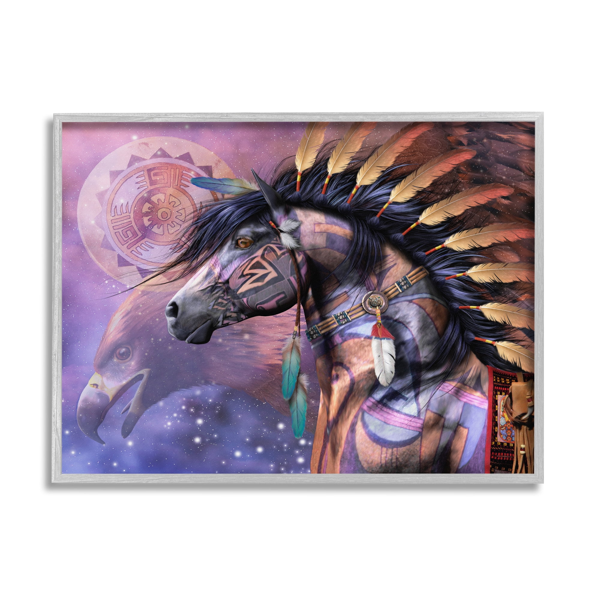 Stupell Industries Shaman Native Horse Animals & Insects Painting Gray Framed Art Print Wall Art, 30 x 24