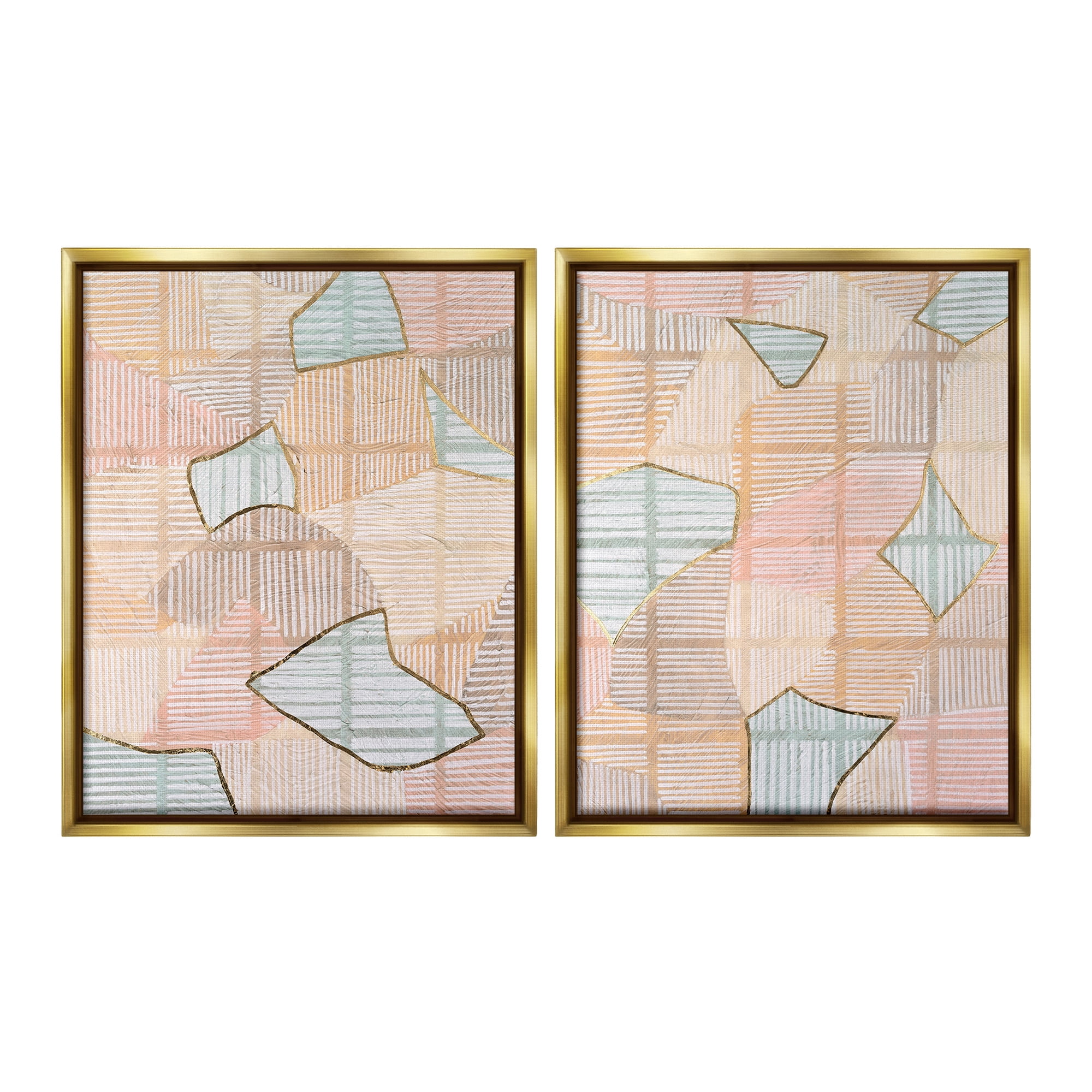 Stupell Industries Shapes on Stripes Pattern Abstract Painting Gold Floater Framed Canvas Art Print Wall Art, 17 x 21, Set of 2
