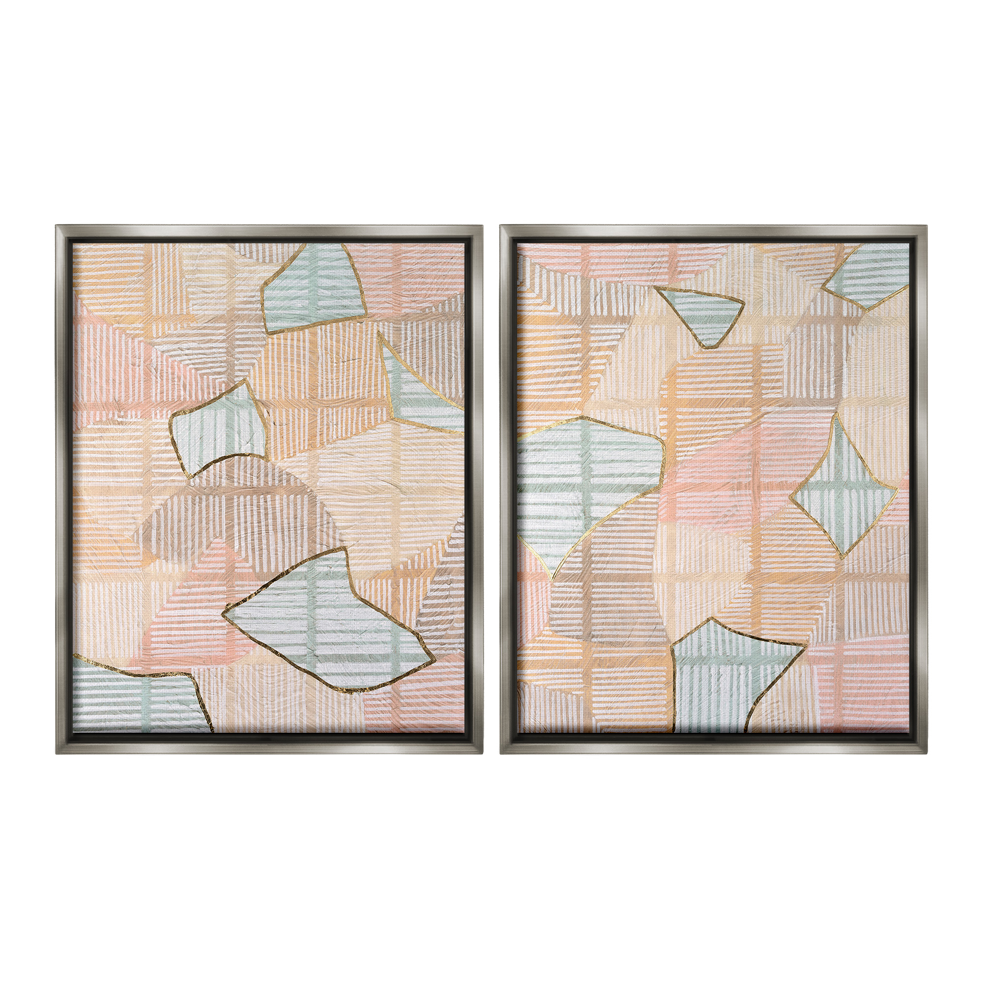 Stupell Industries Shapes on Stripes Pattern Abstract Painting Gray Floater Framed Canvas Art Print Wall Art, 25 x 31, Set of 2