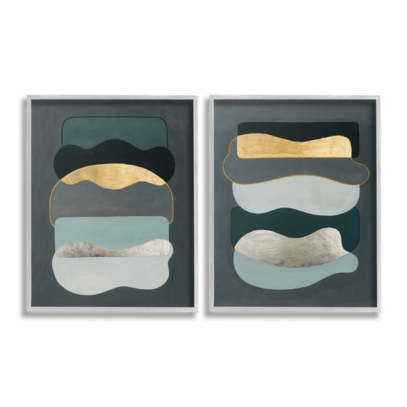Stupell Industries Shapes with Glam Details Abstract Painting Gray Framed Art Print Wall Art, 11 x 14, Set of 2
