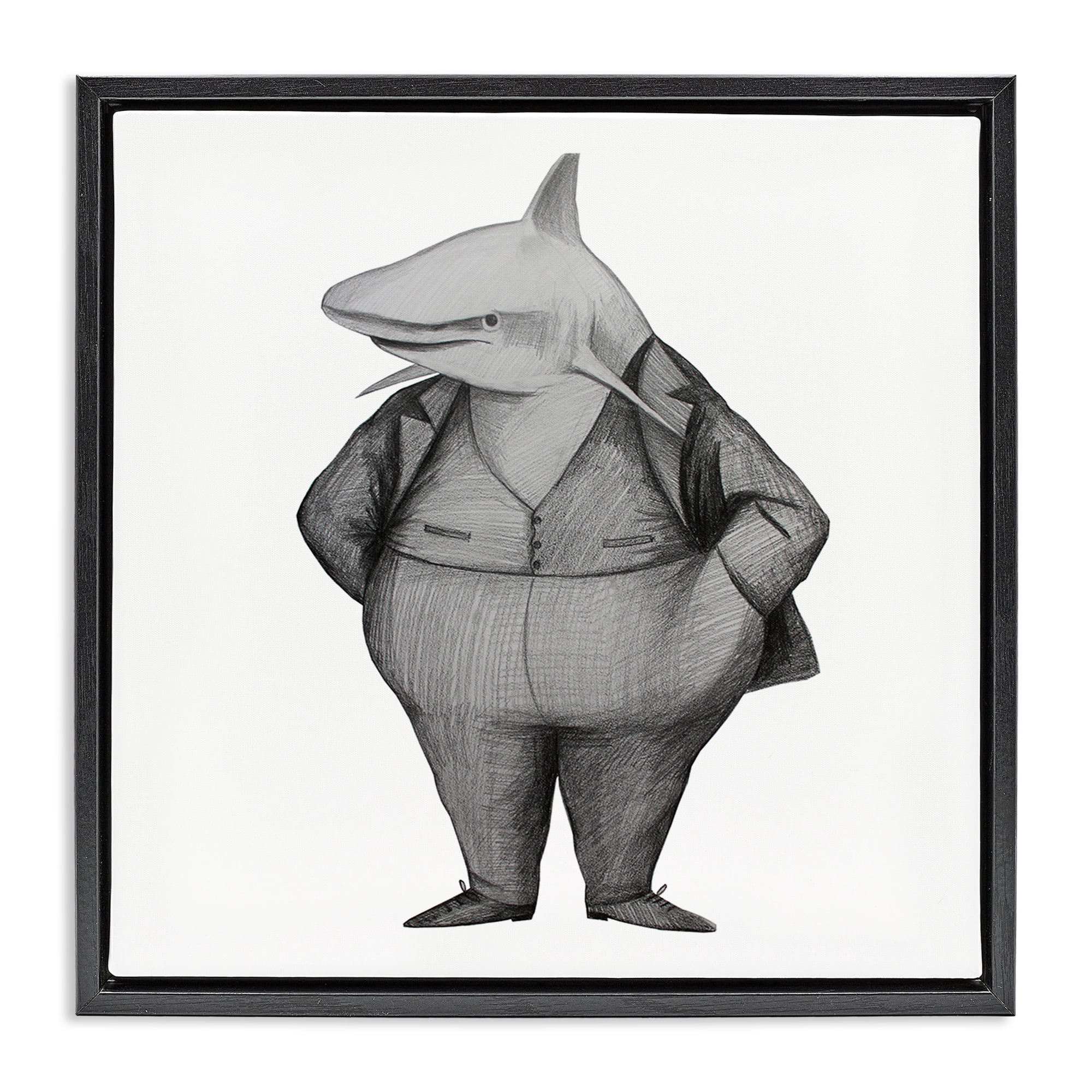 Stupell Industries Shark In Suit Drawing Black Framed Floater Canvas Wall Art, design by Violeta Vollmer
