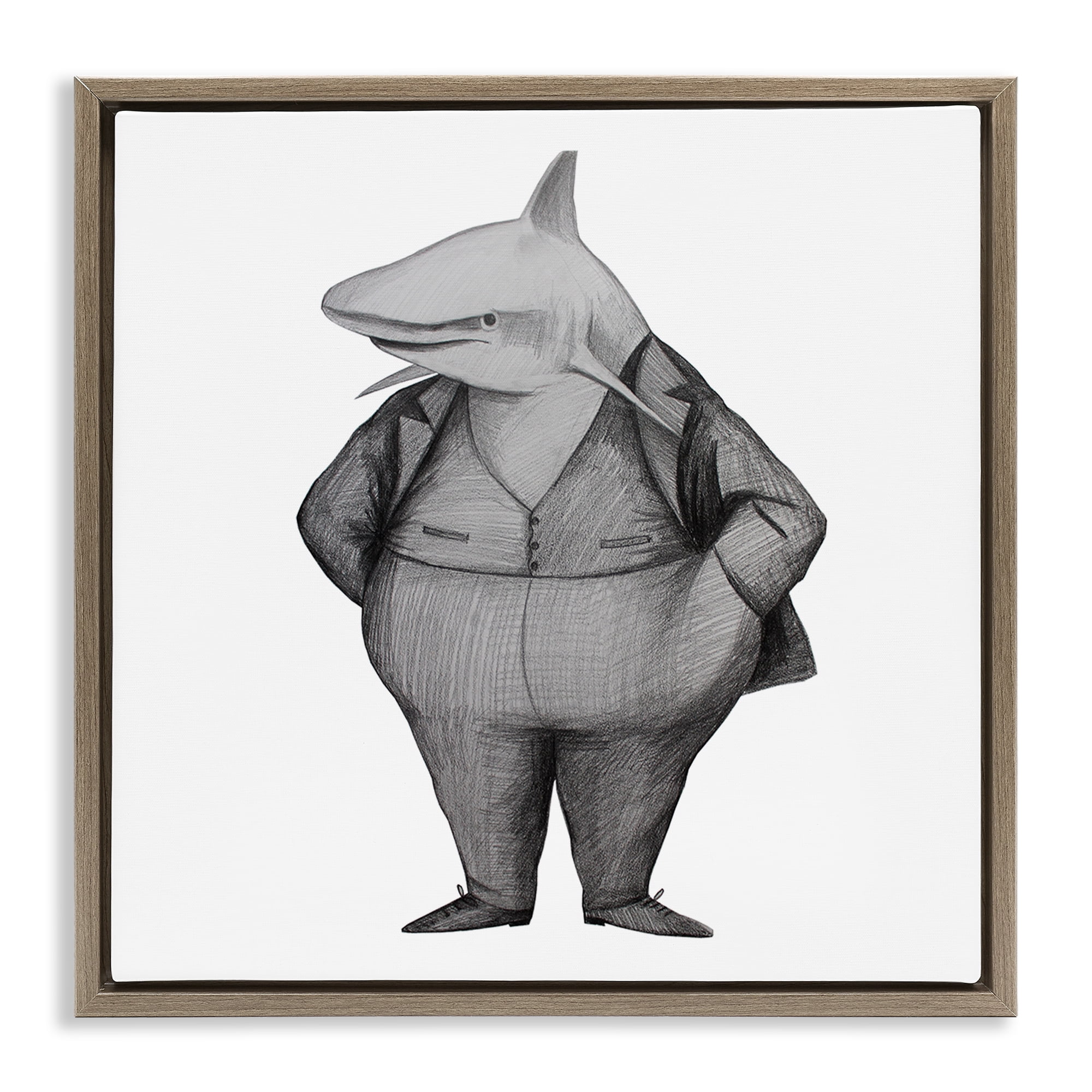 Stupell Industries Shark In Suit Drawing Brown Framed Floater Canvas Wall Art, design by Violeta Vollmer