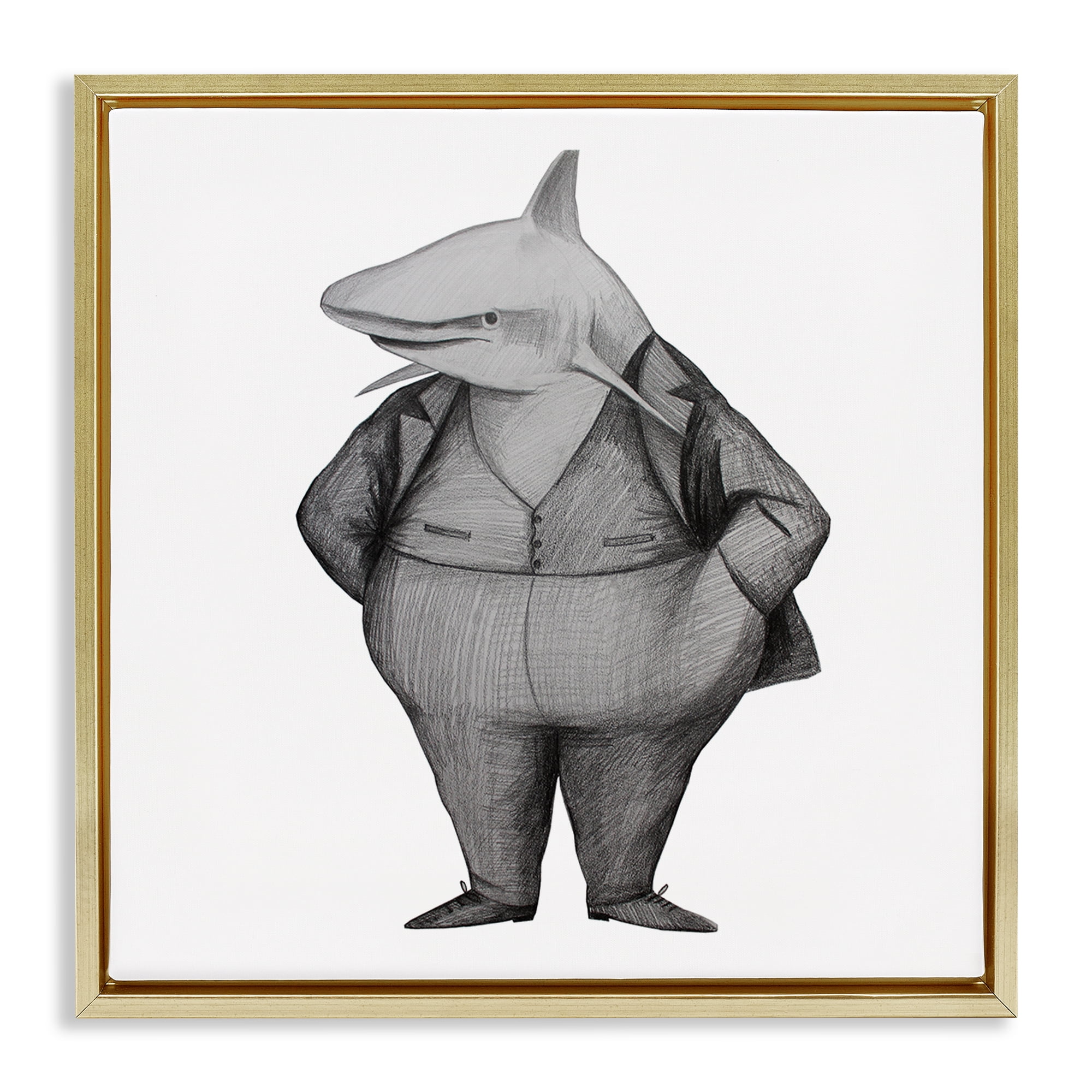 Stupell Industries Shark In Suit Drawing Gold Framed Floater Canvas Wall Art, design by Violeta Vollmer
