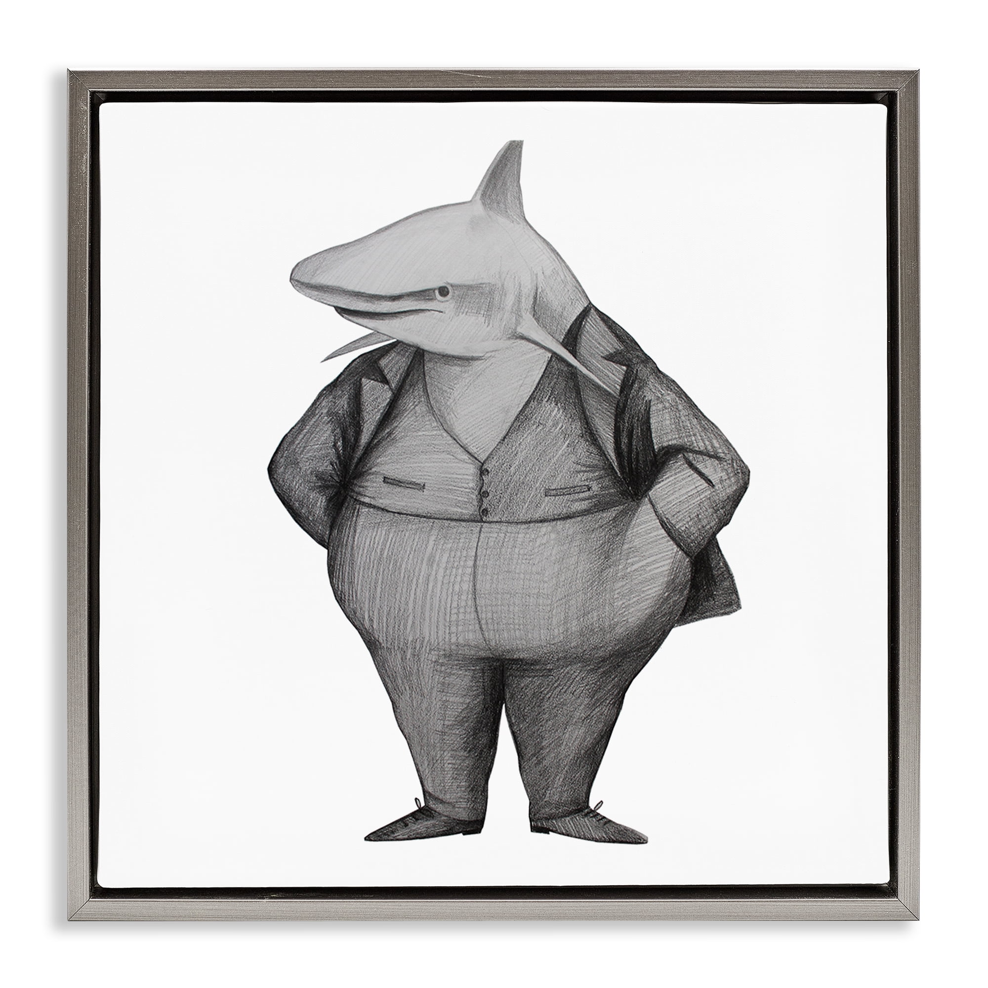 Stupell Industries Shark In Suit Drawing Gray Framed Floater Canvas Wall Art, design by Violeta Vollmer