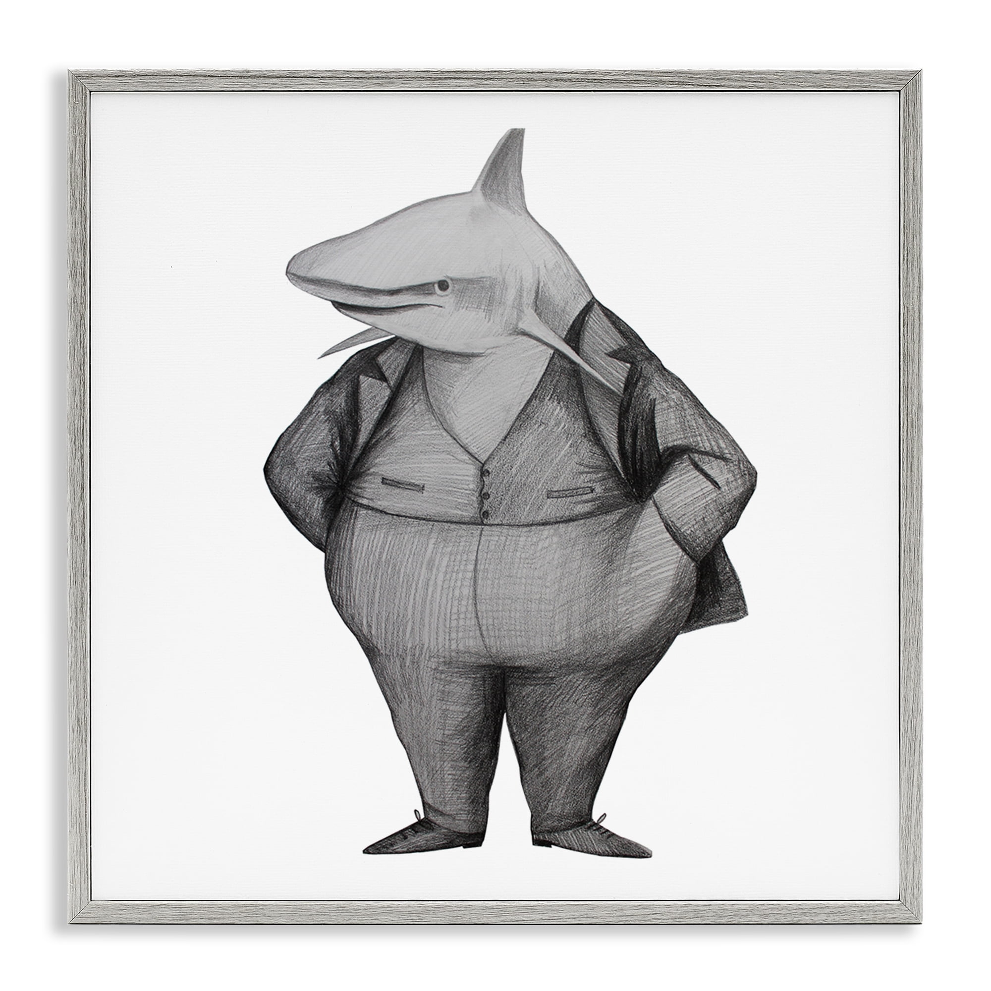 Stupell Industries Shark In Suit Drawing Gray Framed Giclee Art, design by Violeta Vollmer