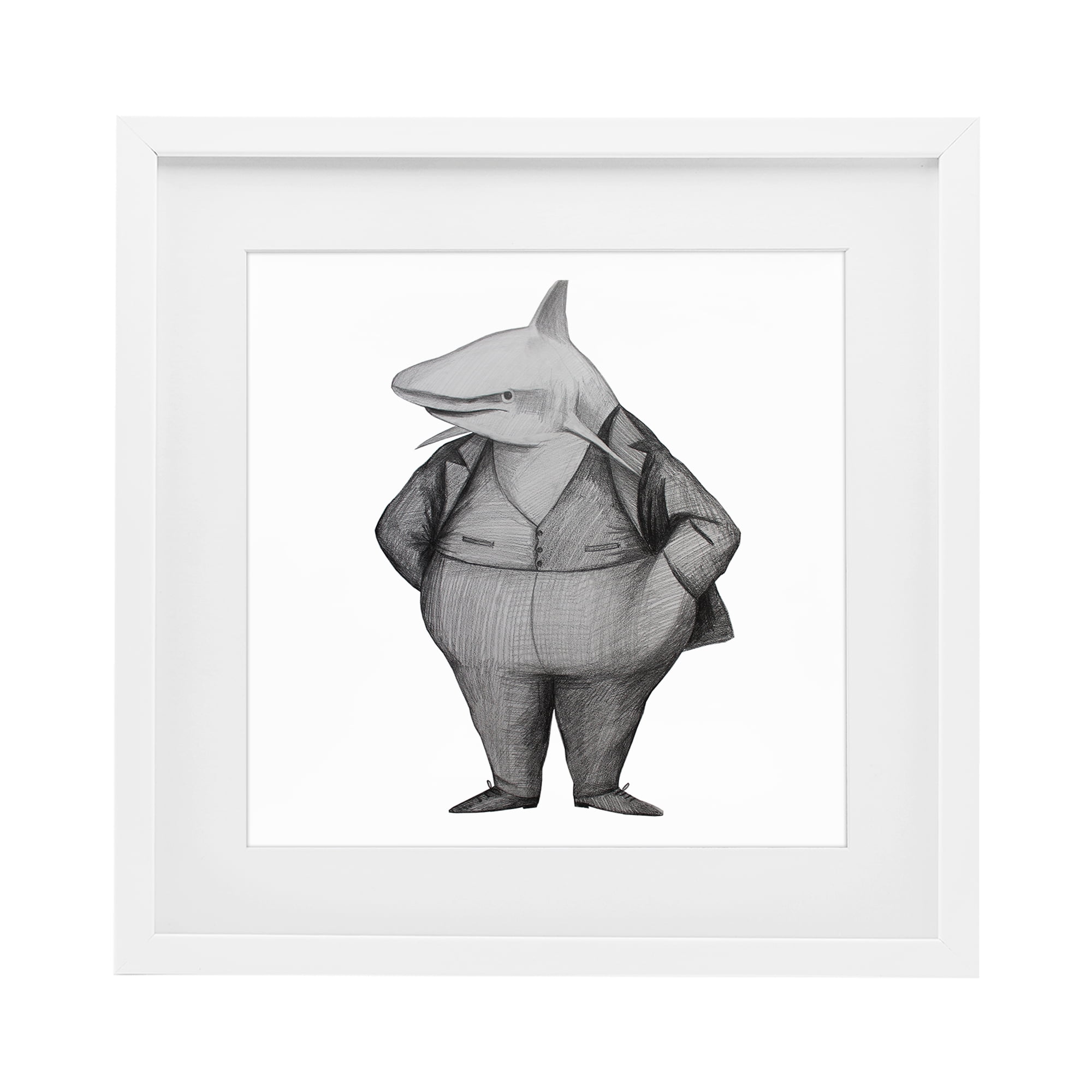 Stupell Industries Shark In Suit Drawing White Framed Print Under Glass, design by Violeta Vollmer