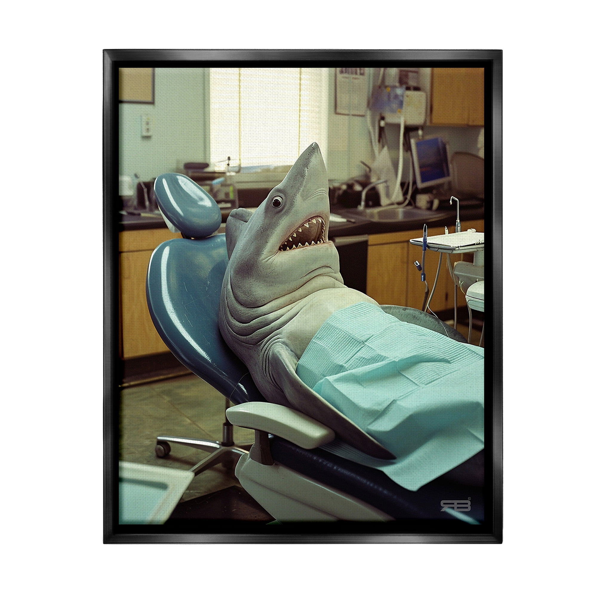 Stupell Industries Shark at Dentist Animals & Insects Painting Black Floater Framed Canvas Art Print Wall Art, 25 x 31