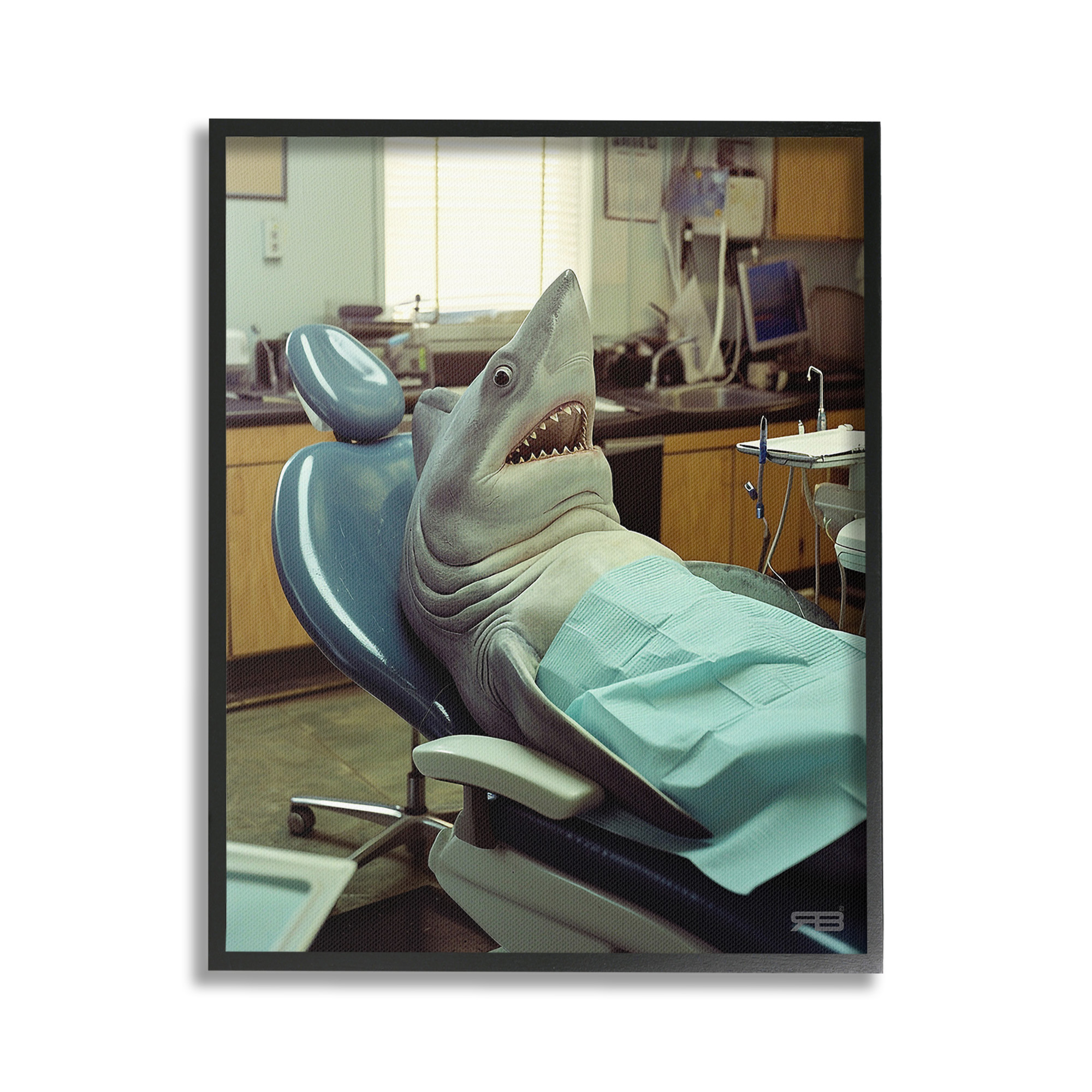 Stupell Industries Shark at Dentist Animals & Insects Painting Black Framed Art Print Wall Art, 24 x 30
